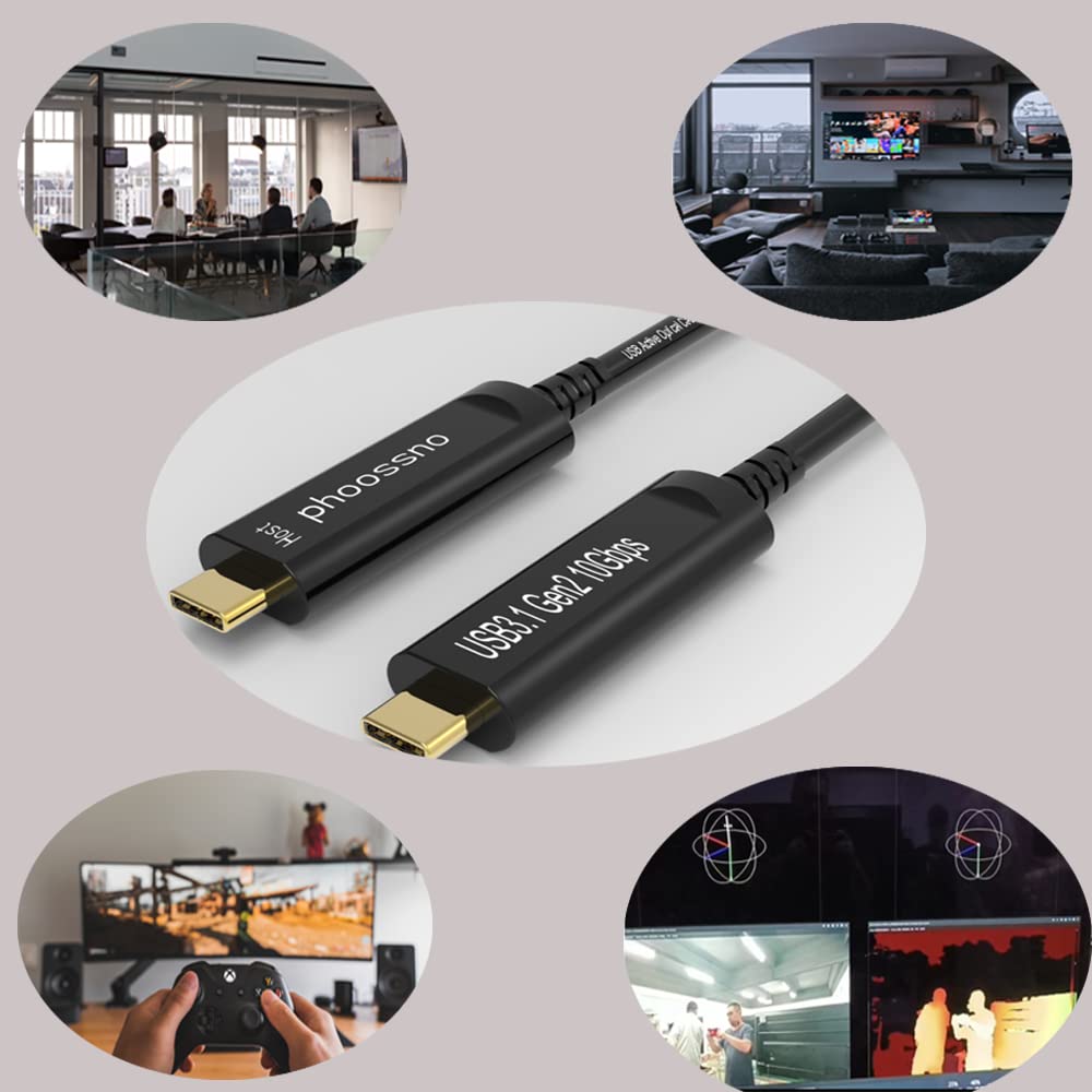 phoossno USB C to C Fiber Optical Cable USB 3.1 Type C Cable 10Gbps 33FT Compatible with Microsoft Azure Logitech Camera Aver &Vaddio & Barco ClickShare Touch Screen Kinect Intel RealSense