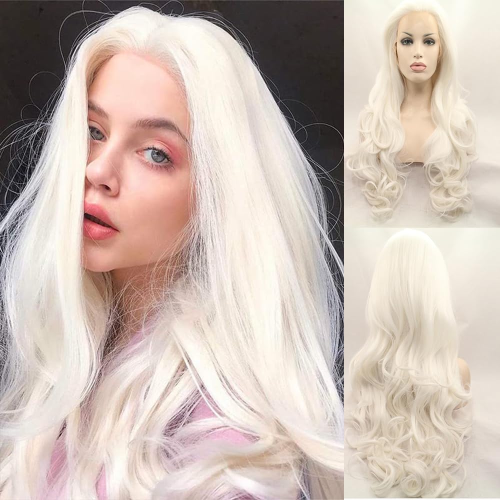 Xiweiya Blonde Lace Front Wig Long Body Wavy White Blonde Synthetic 13x4 Lace Front Wig 60# Platinum Blonde Half Hand Tied Heat Resistant Hair 180% Density Hair Replacement for Women Drag Queen 24inch