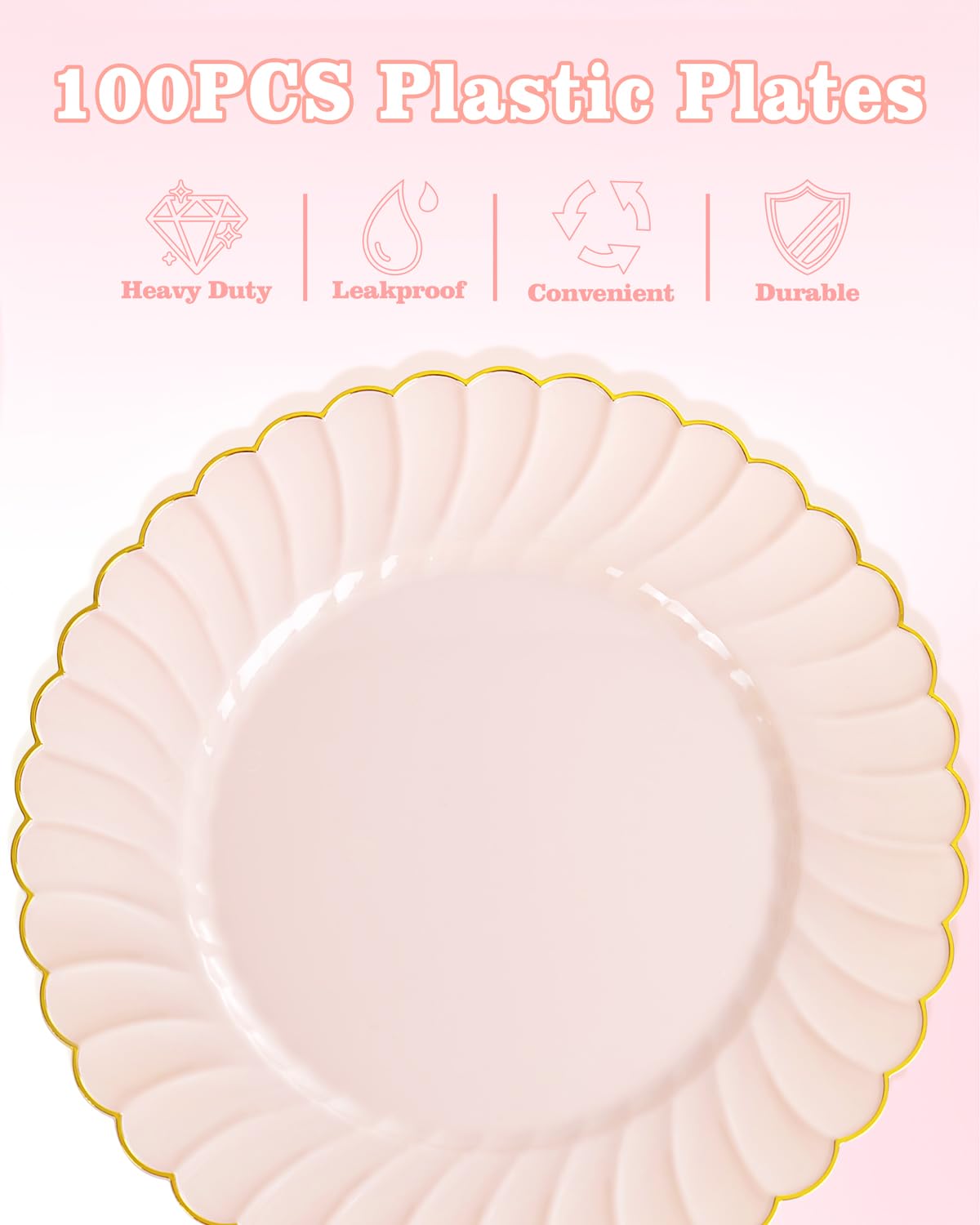 YOUBET 100PCS Pink Scalloped Plastic Plates - Heavy Duty Gold Disposable Fancy Hard Plates Include 50 Dinner Plate, 50 Dessert Plate, for Wedding & Party