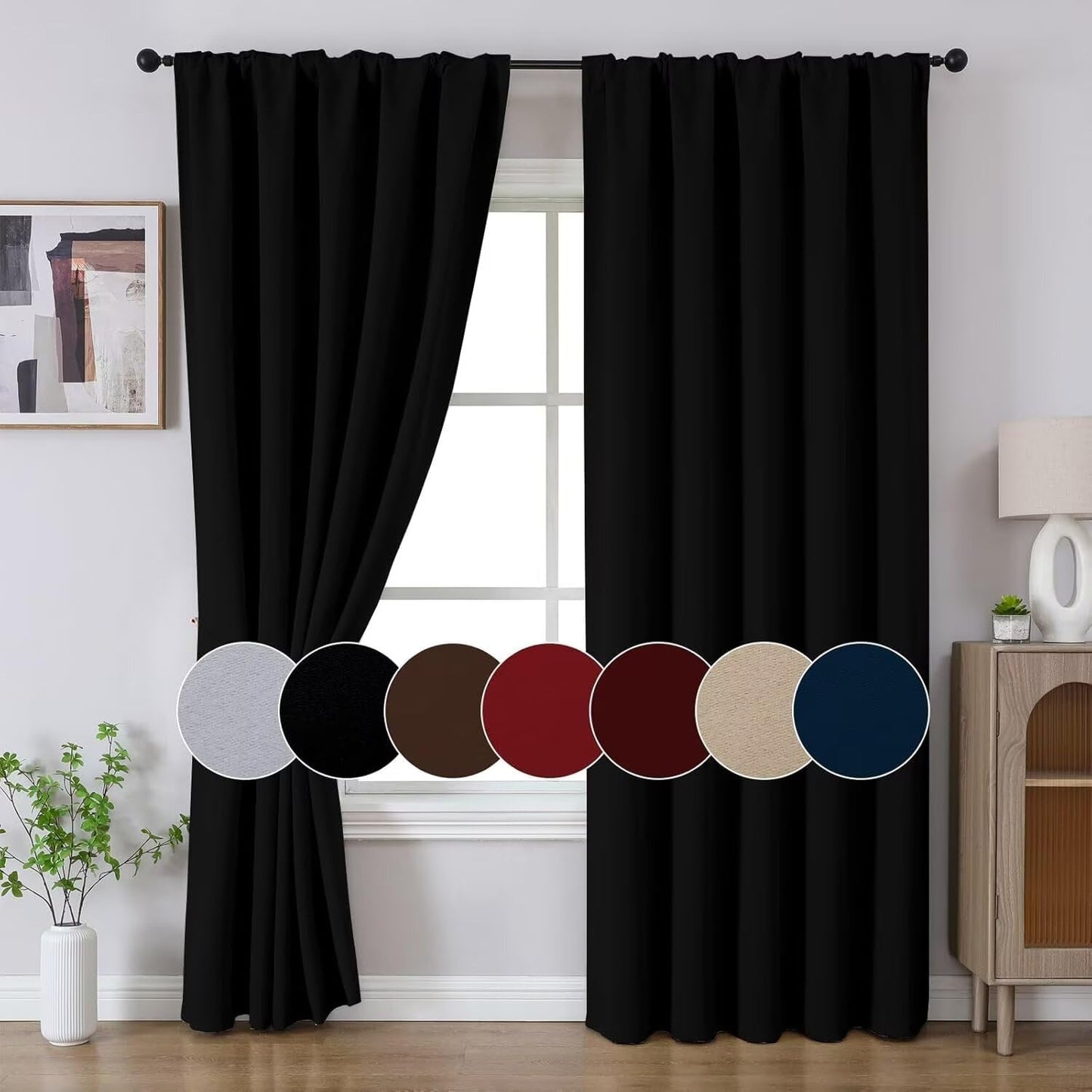Joydeco 72 Inch Blackout Curtains for Bedroom, Black Out Curtains 72 Inch Long, Room Darkening Curtains & Drapes for Living Room Window Rod Pocket Back Tab (W52 x L72 Inch, Black)