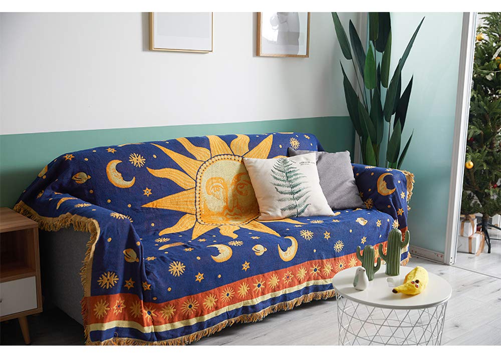 Erke 70" x 90" Sun and Moon Blanket Celestial Couch Sheet Cover Witchy Hippy Home Decoration, Double Sided Cotton Woven Hippie Throws Wicca Blankets for Couch Bed Recliner Decor - Yellow/Blue