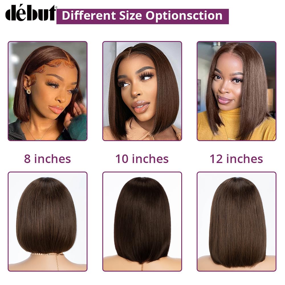 DÉBUT Medium Brown T Part Short Bob Wigs Lace Front Human Hair Wigs for Black Women Brazilian Virgin Straight Hair Middle Part 13x4x1 Wigs Chocolate Brown 10 Inches