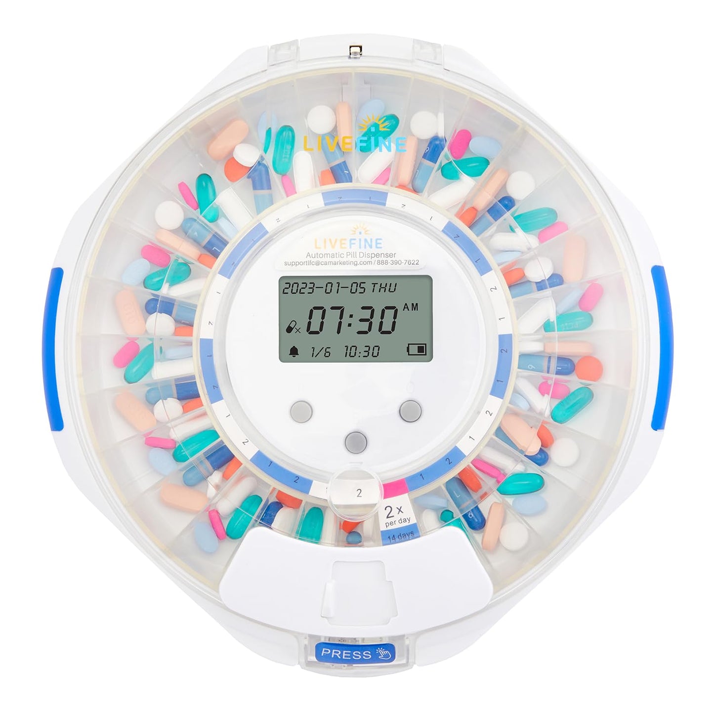 LiveFine Automatic Pill Dispenser with 28-Day Electronic Medication Organizer, 6 Dosage Rings, LCD Display with Sound & Light Alerts, Key & Magnifying Glass for Prescriptions, Vitamins & Supplements