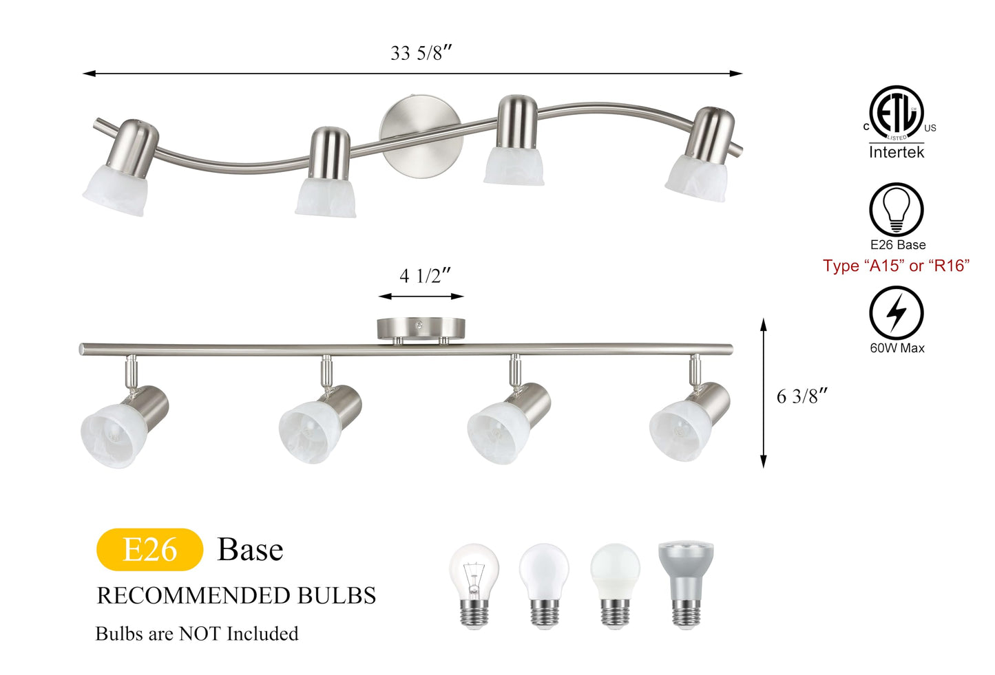 XiNBEi Lighting Track Lighting, 4 Light S-Shaped Track Light Bar with Glass, Modern Kitchen Ceiling Light Bar Brushed Nickel XB-TR1238-4-BN