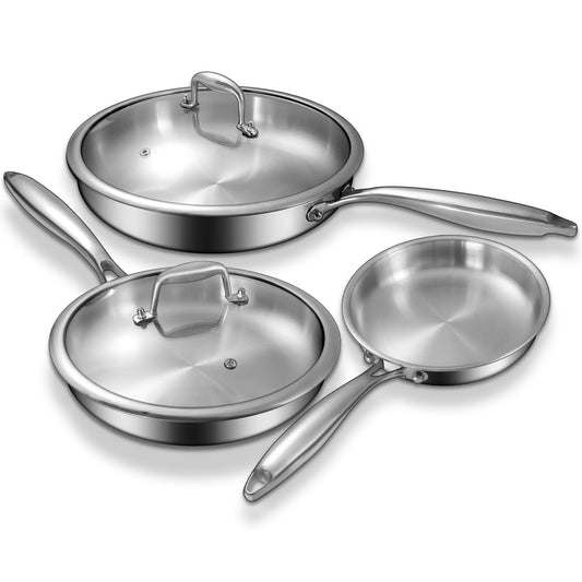 EWFEN Tri-Ply Stainless Steel Frying Pans Set with Lid, 8”/10”/12” Cooking pans, PFOA&PTFE Free Skillet, Induction Cooking Pan, Dishwasher and Oven Safe, Fast & Even Heat, Suitable for All Stove