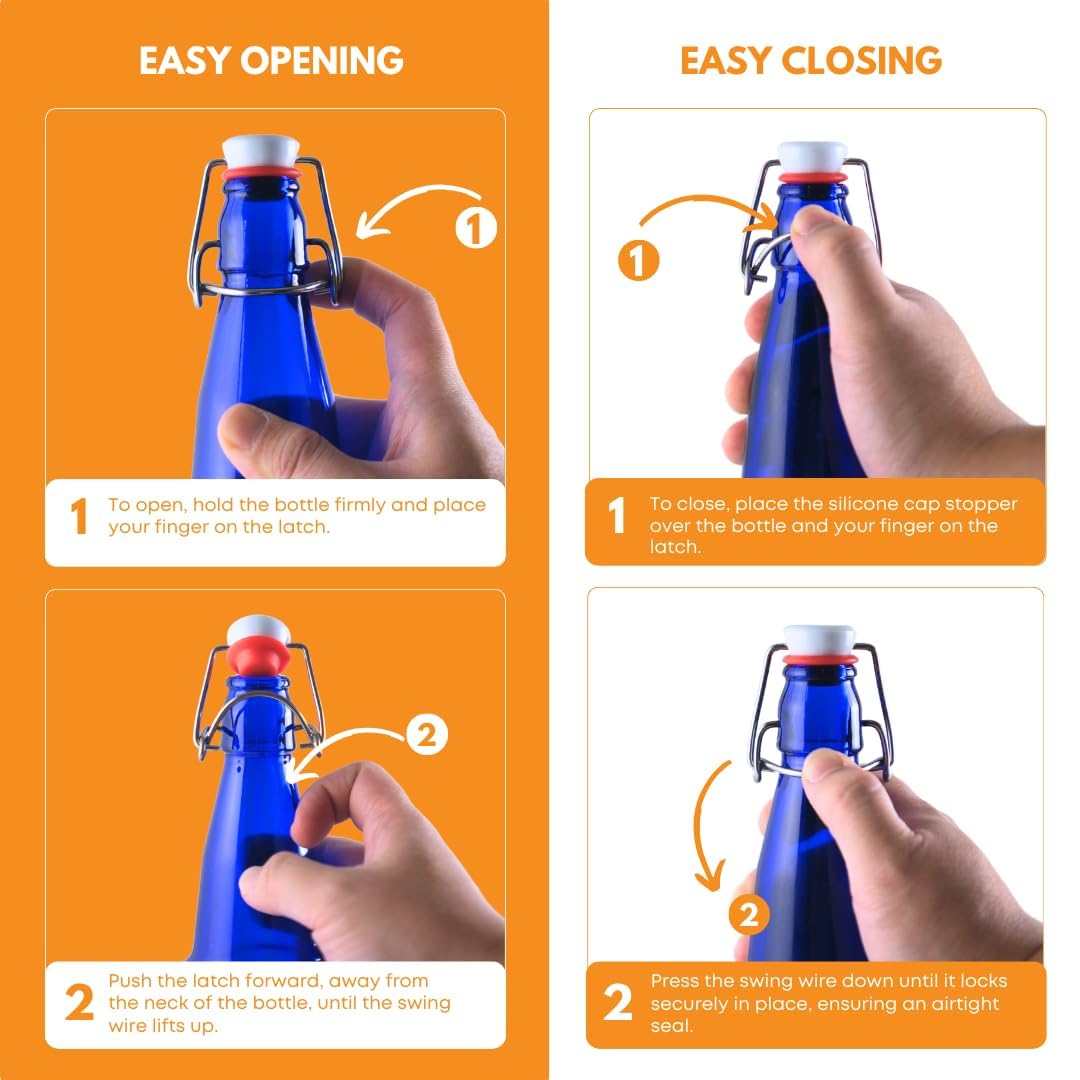 FastRack 33 oz Blue Swing Top Glass Bottles (Pack of 6) | Flip-Top Airtight Bottles with Resealable Grolsch-Style Caps | Reusable Glass Bottles for Kombucha, Beer, Mead, Soda, Vinegar & Water