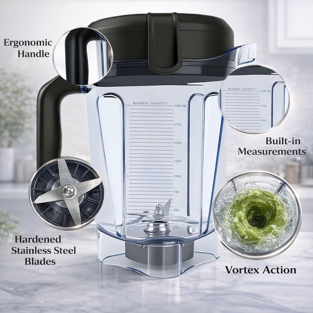 Blender Pitcher 64oz Low-Profile, Compatible with 750 5300 5200 5000 7500 6300 Vm0102 Vm0103 Vm0197 E310 G/Classic C/Explorian/Commercial series etc