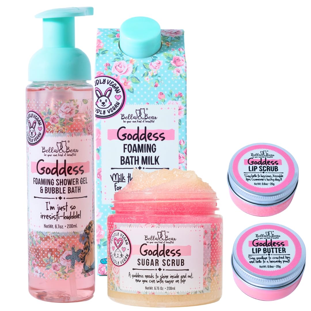 Bella & Bear Goddess Mega Bath & Body Gift Set with Foaming Shower Gel & Bubble Bath, Bath Milk, Body Scrub & Lip Scrub and Lip Butter - Gift for Women for Easter gifts or Mothers Day basket.