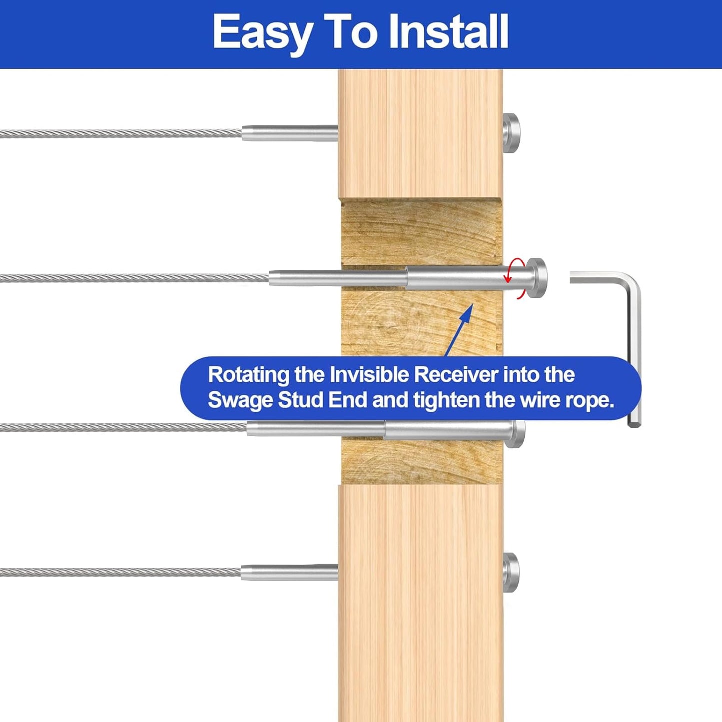 CKE 50 Pack 4"x4" Invisible Cable Railing Kits, T316 Stainless Steel 1/8" Invisible Receiver and Swage Stud End for Deck Cable Railing Hardware Threaded End Fitting for 2x2, 4x4 Wood/Metal Posts, CR31