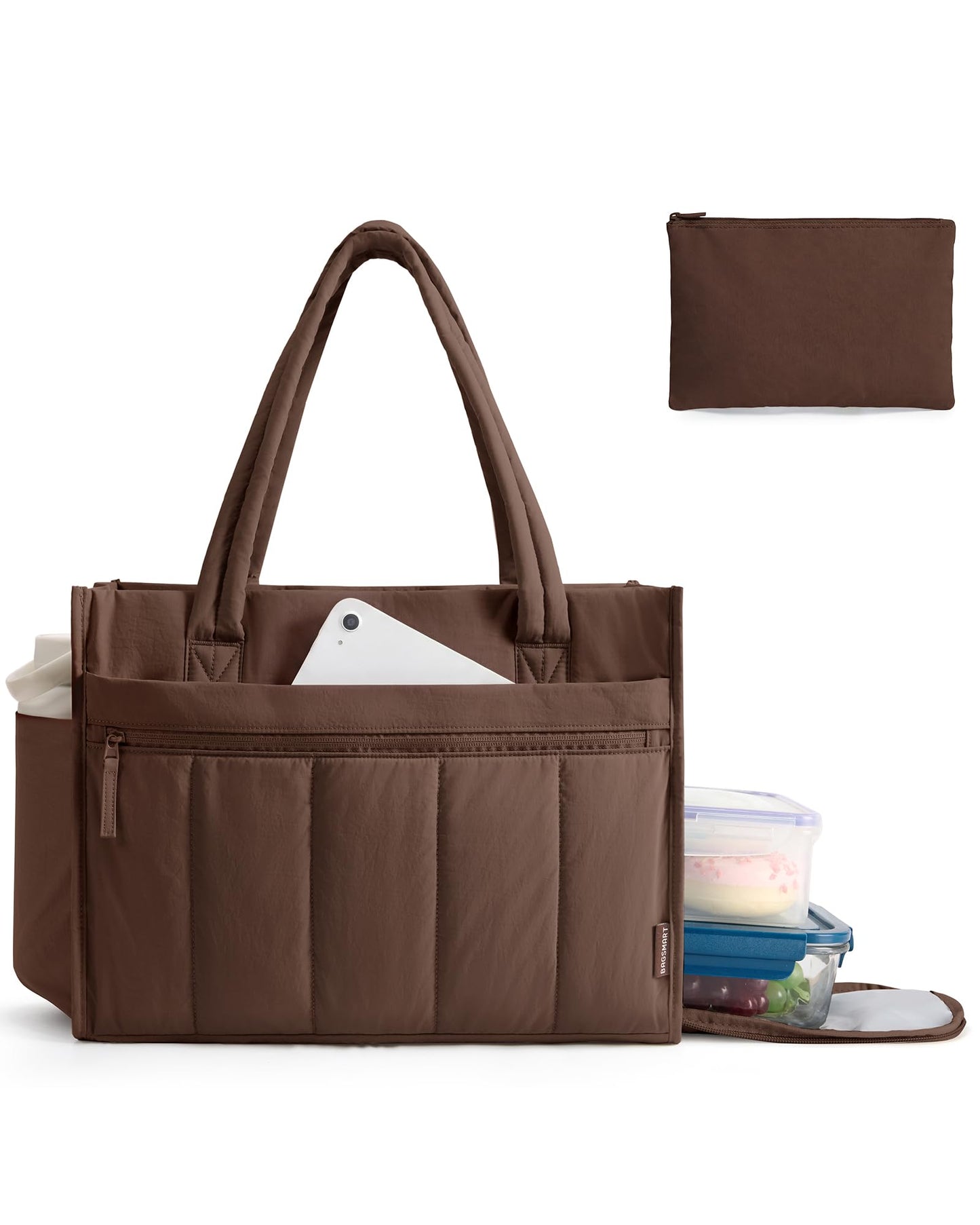 BAGSMART Tote Bag for Women Puffer 15.6 Inch Laptop Work Bag Large Purse Shoulder Handbag Crush Bow Tote with Insulated Lunch Bag for Travel Office Gym, Dark Brown