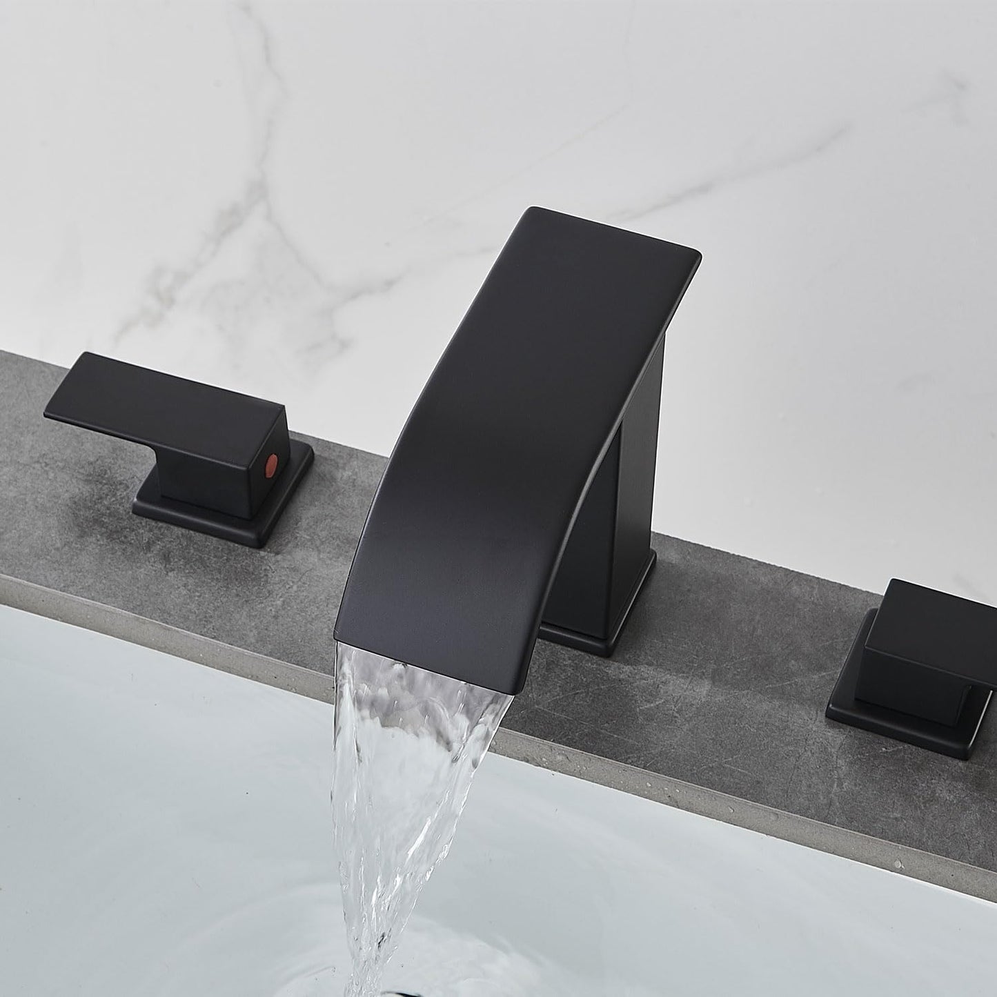 AVSIILE Matte Black Waterfall Bathroom Faucet 3 Hole, 8 Inch Widespread Modern 3 Piece Bathroom Sink Faucet, Touch On Lavatory Faucet for Vanity RV Restroom, Curved Spout