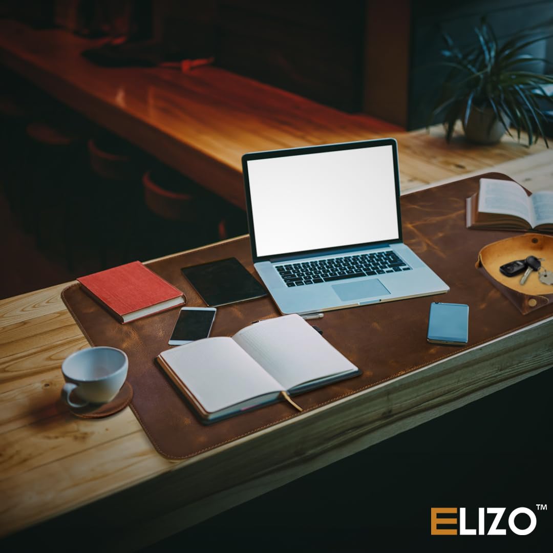 Leather Desk Pad (Real) Leather Desk Mat Set (32x16) Large Desk Cover Desk Blotter Desk Protector Computer Mat for Keyboard Gaming Mouse Pad Table Laptop Office Desktop Accessories Antique 2mm ELIZO