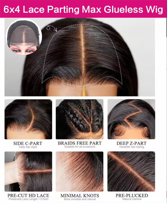 JUBOTIN 26 Inch Straight Glueless Wigs 100% Human Hair Bleached Knots Upgraded Lace Front Wigs Pre Cut Straight 6x4 Glueless Lace Closure Wigs for Women 180% Density Invisible Melt Skin