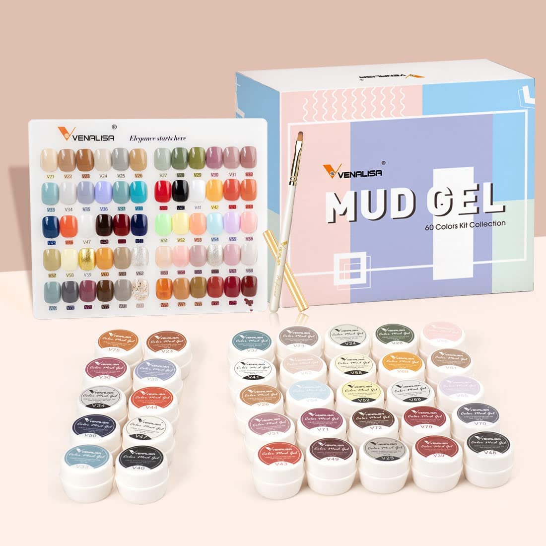 VENALISA 60 Colors Mud Gel Paint Nail Kit with Color Card Painting Drawing Nail Brush,Gel Nail Polish for Nails Art Whole Set Starter Manicure Nail Art Design Salon DIY at Home