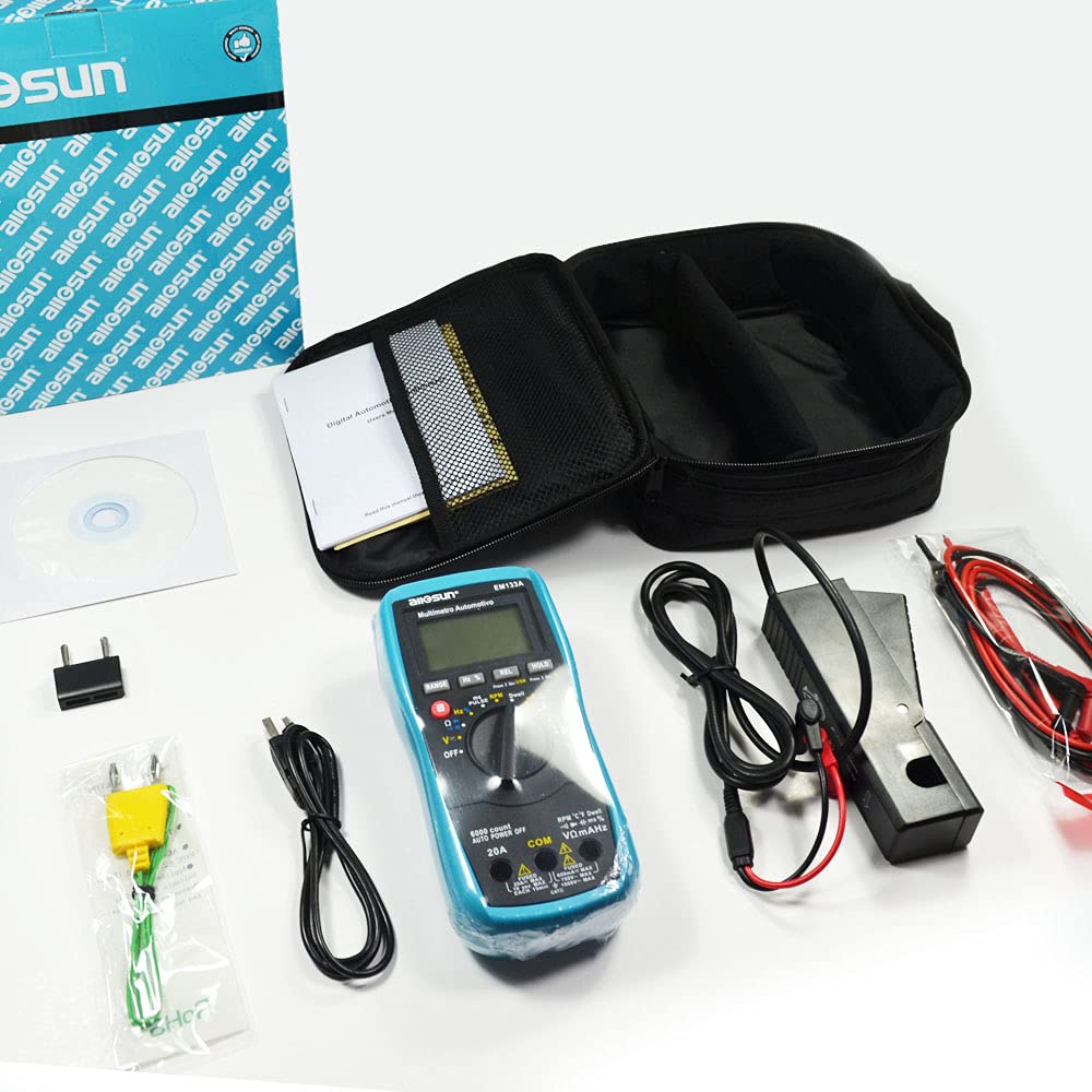 allsun Automotive Dwell Meter Digital Multimeter Autoranging TRMS 5999 Counts ACA/DCA Max.20A for RPM Dwell Angle Pulse Width Tach Temperature Duty Cycle Data Hold Test,Meter to PC