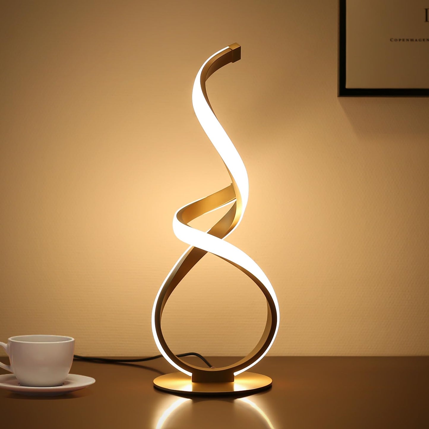 JIOODICH. Bedside Table Lamp, LED Touch Dimmable Spiral Desk Lamp for Night Stands, 3 Color Temperature Modern Nightstand Light, Unique Side Light for Living Room, Bedroom, Gold