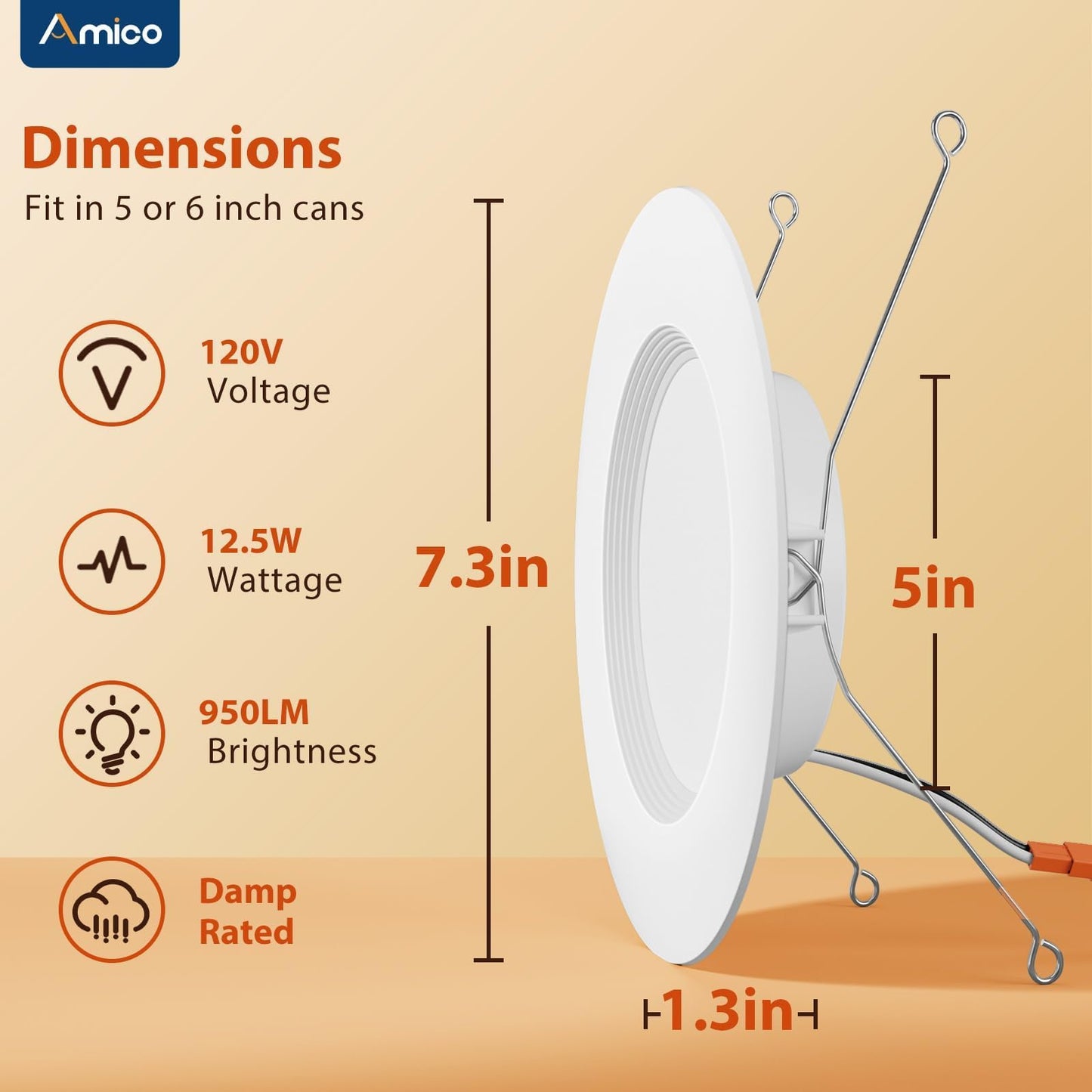 Amico 5/6 inch 3CCT LED Recessed Lighting 12 Pack, Dimmable, Damp Rated, 12.5W=100W, 950LM Can Lights with Baffle Trim, 3000K/4000K/5000K Selectable, Retrofit Installation - ETL & FCC Certified