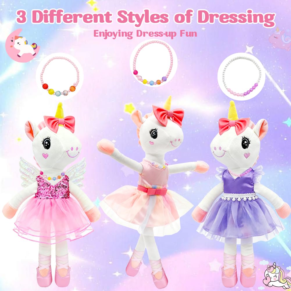 Ballerina Unicorn Toys for Girls Age 4-6, Unicorn Stuffed Animal Dolls Playset, 3 Set Ballet Princess Dress Up Doll with Rainbow Plush Bag, Unicorns Gifts for Birthday Easter Basket Stuffers