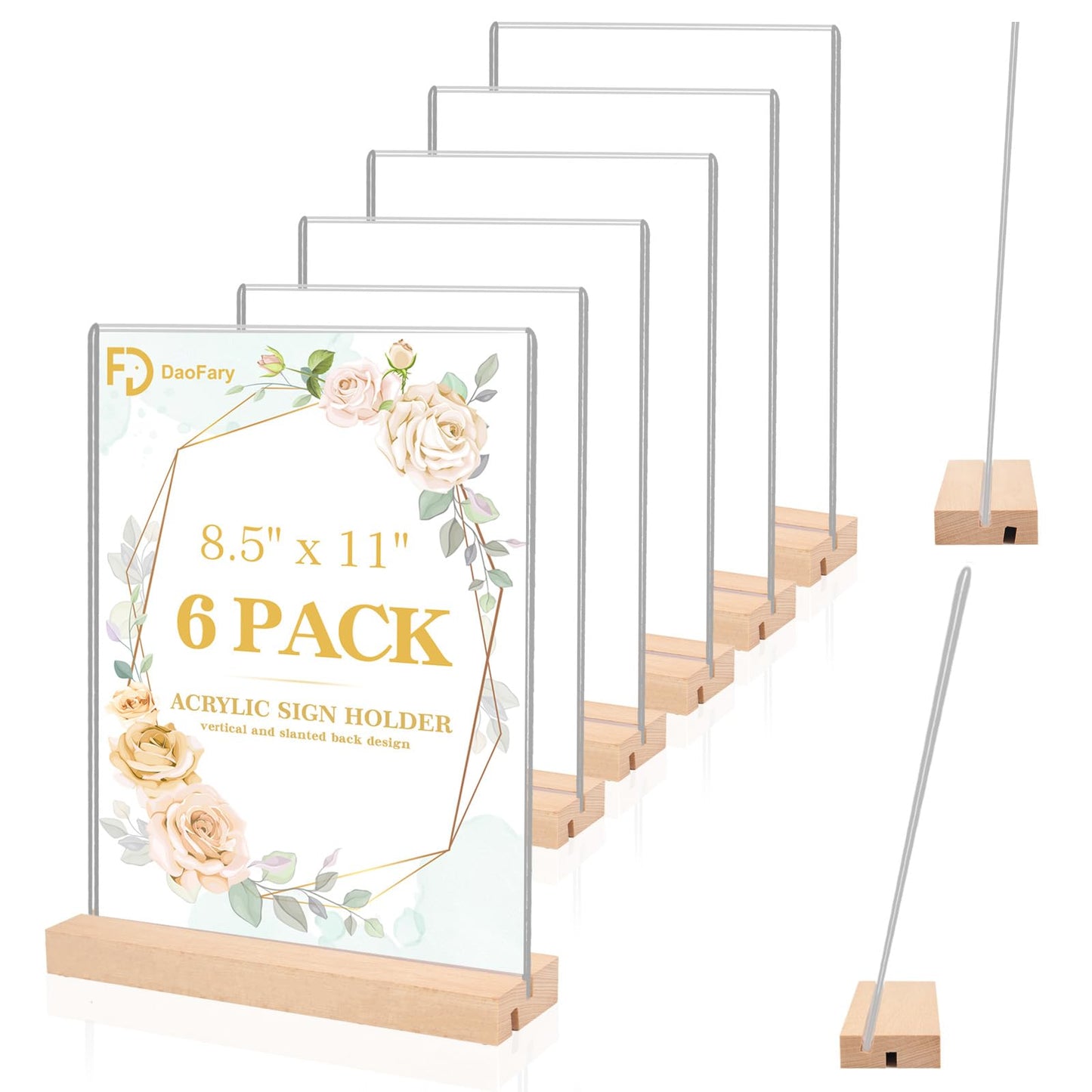 Daofary 6 Pack Acrylic Sign Holder 8.5 x 11, L/T Shape Double Sided wood Picture Frame Stand up Table Top Sign Holders, Clear Display Stand Menu Flyer Holder for Wedding Party (Provide Non slip Mats)