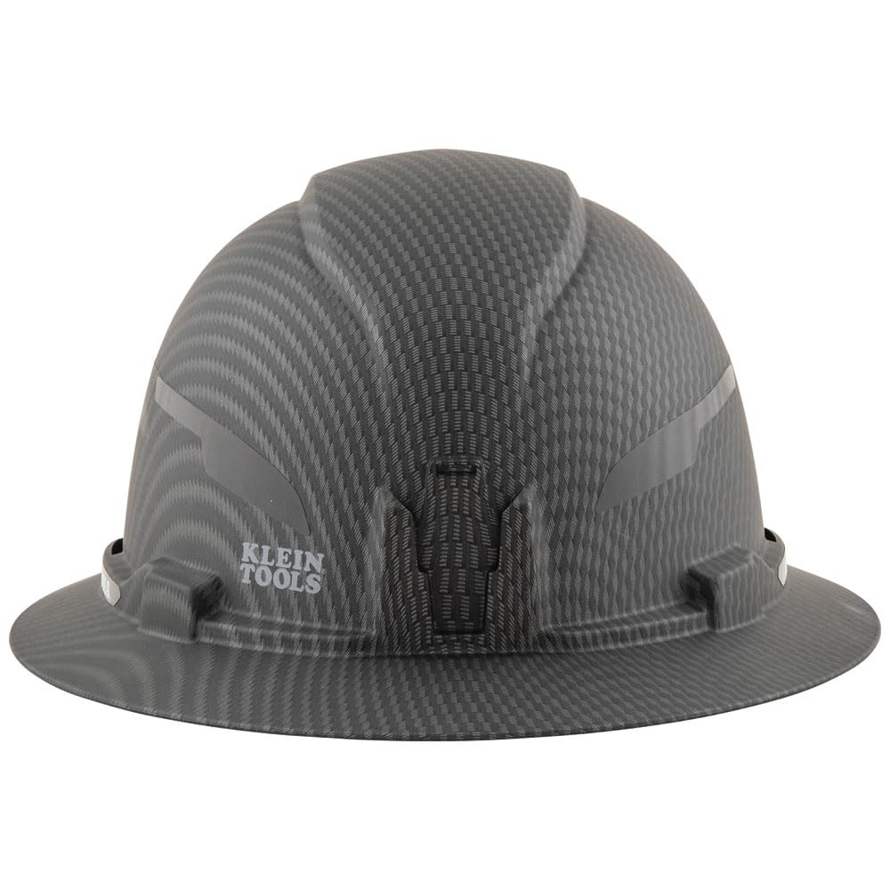 Klein Tools Hard Hat, Non-Vented Full Brim, Premium KARBN Pattern, Class E, Tested up to 20kV, Padded Sweat-Wicking Sweatband, Top Pad
