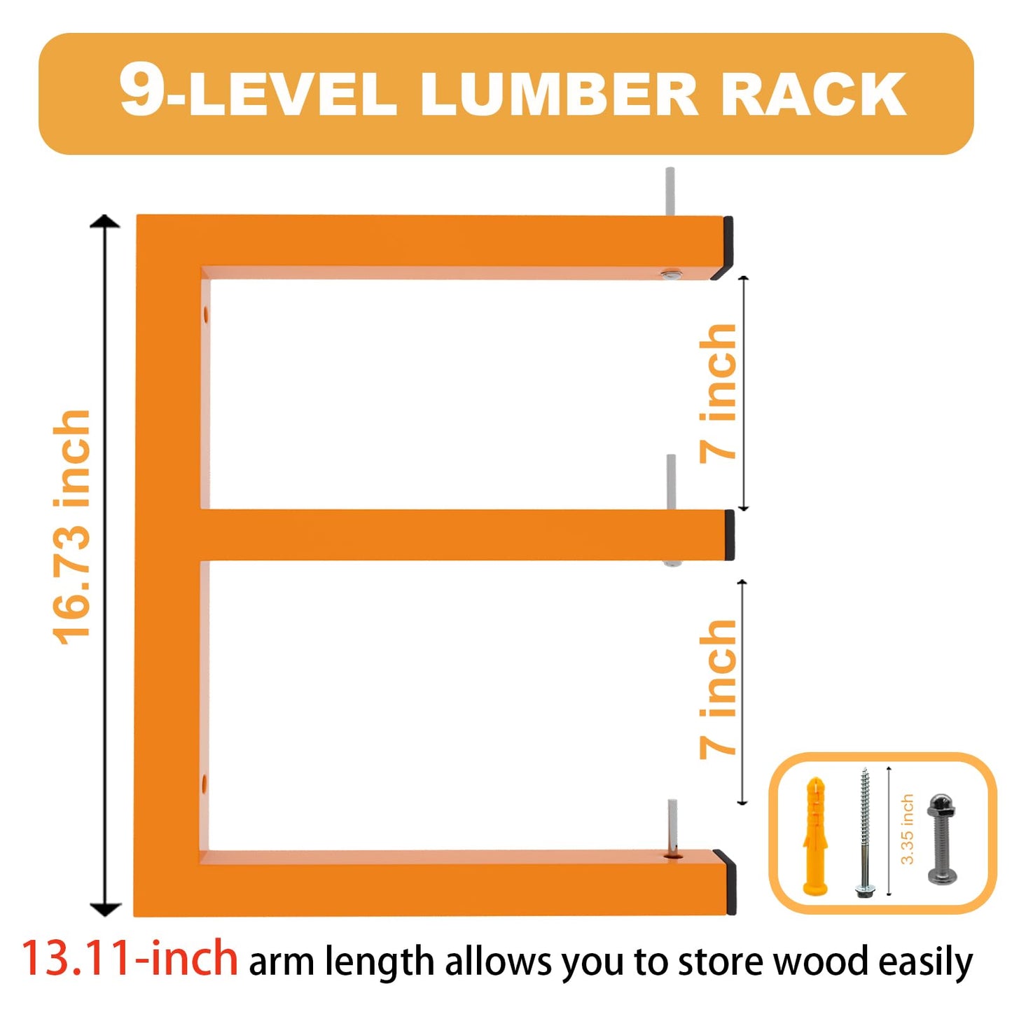 6 Pack Wall-Mounted Lumber Rack, Heavy Duty Wood Storage Racks, 9-Level System Garage Shelving, 1980 LBS Capacity Hanging Organizer Shelves, Orange Brackets Utility Metal Shelf for Indoor and Outdoor