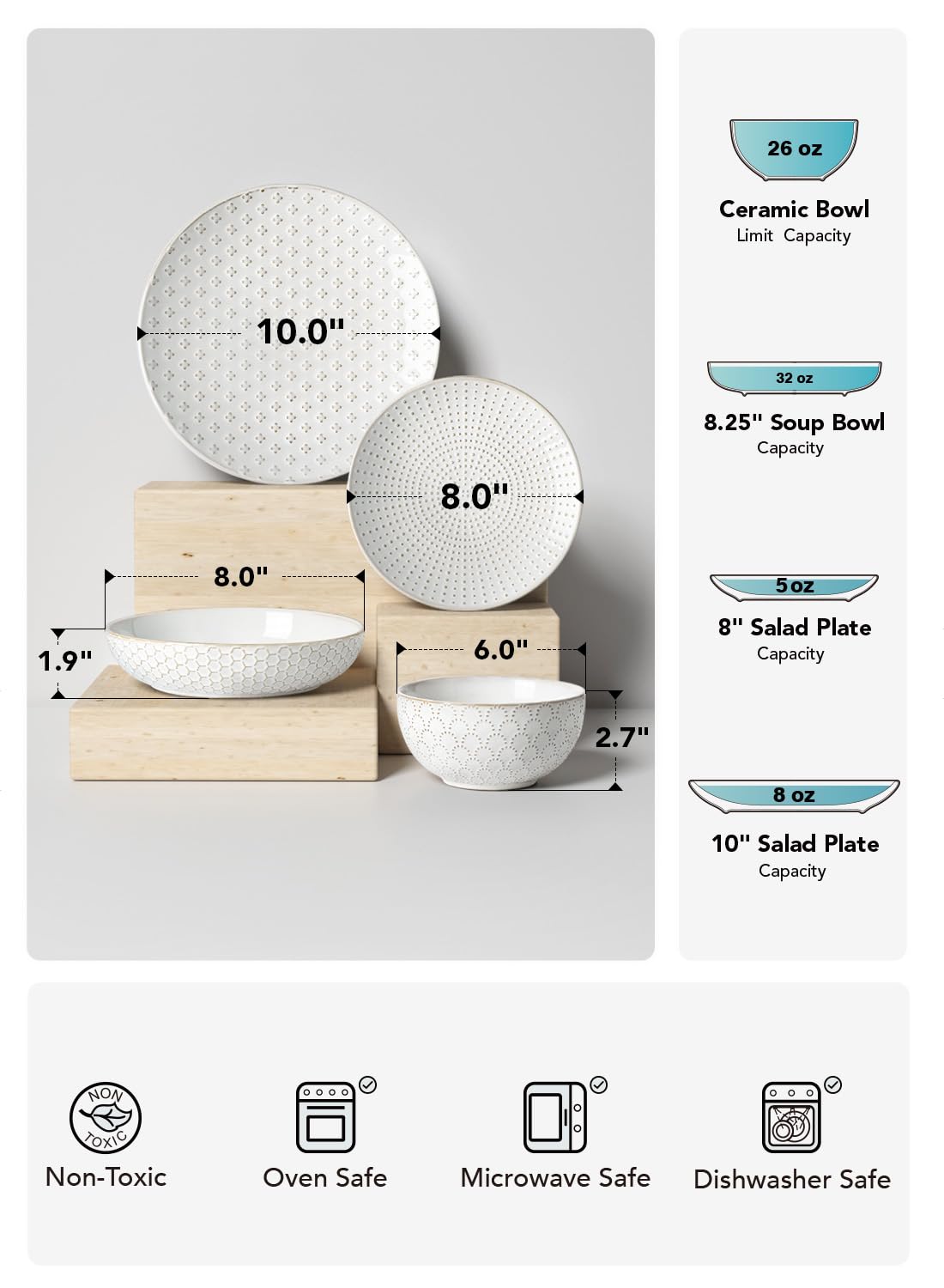LE TAUCI Dinnerware Sets 16 PCS, Ceramic Plates and Bowls Set, Suit For House Warming Wedding, Serve for 4 (10" Dinner Plates + 8" Salad Dish + 22 oz Cereal Bowl+32 oz Pasta Bowls) x 4, Arctic White