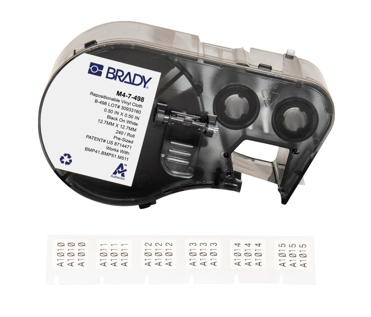Brady Authentic (M4-7-498) Repositionable Multi-Purpose Vinyl Cloth Labels 0.5" H x 0.5" W Black on White, 240 Labels. for use with The BMP41, BMP51, and M511 Label Printers
