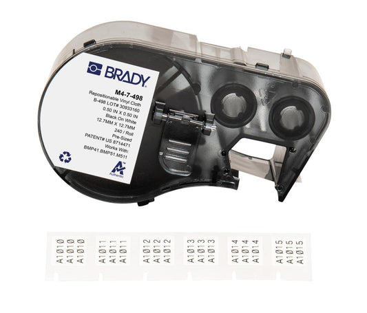 Brady Authentic (M4-7-498) Repositionable Multi-Purpose Vinyl Cloth Labels 0.5" H x 0.5" W Black on White, 240 Labels. for use with The BMP41, BMP51, and M511 Label Printers