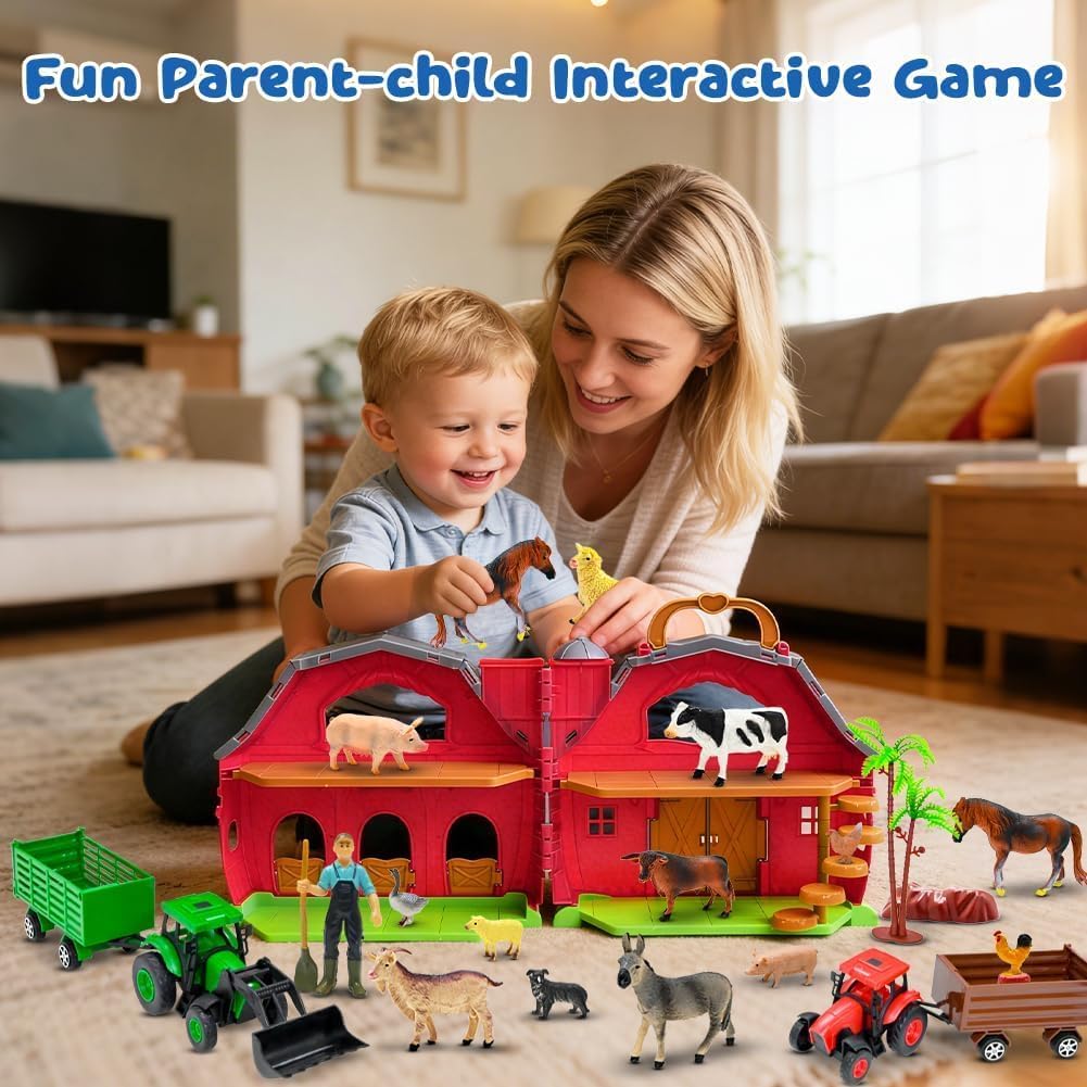 Red Barn Farm Animals Toy for Toddlers, Farm Figures Farmer Toy Truck with Trailer Preschool Learning Toys Christmas Birthday Gift for Boys Girls