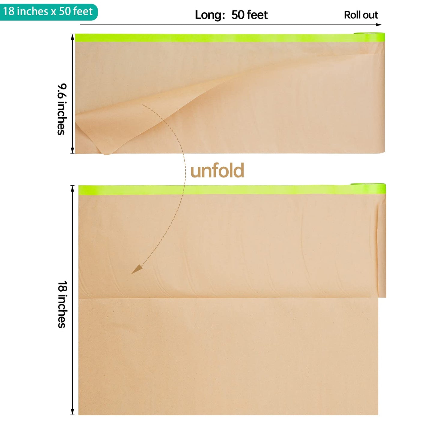 Tangibay Pre-Taped Masking Paper for Painting - 18 inch x 50 feet Tape and Drape Painters Paper, Paint Adhesive Protective Paper Roll for Covering Skirting, Frames, Cars and Auto Body (12 Rolls)