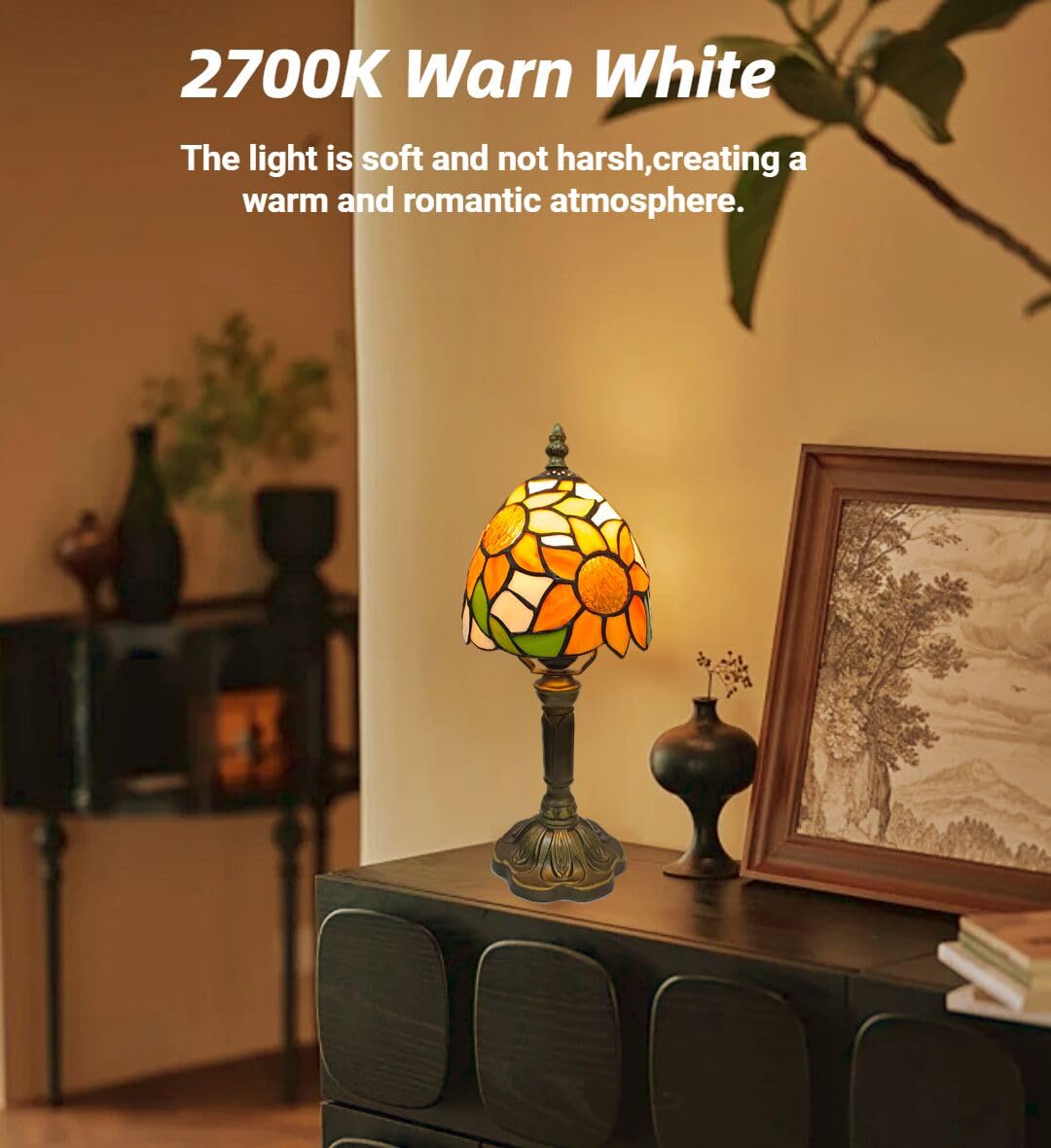 BMXKPO Tiffany Style Table Lamp,Sunflower Stained Glass Lamp,6 Inch Small Antique Bedside Lamp, for Bedroom Living Room Home,Included Dimmable LED Bulb 8W