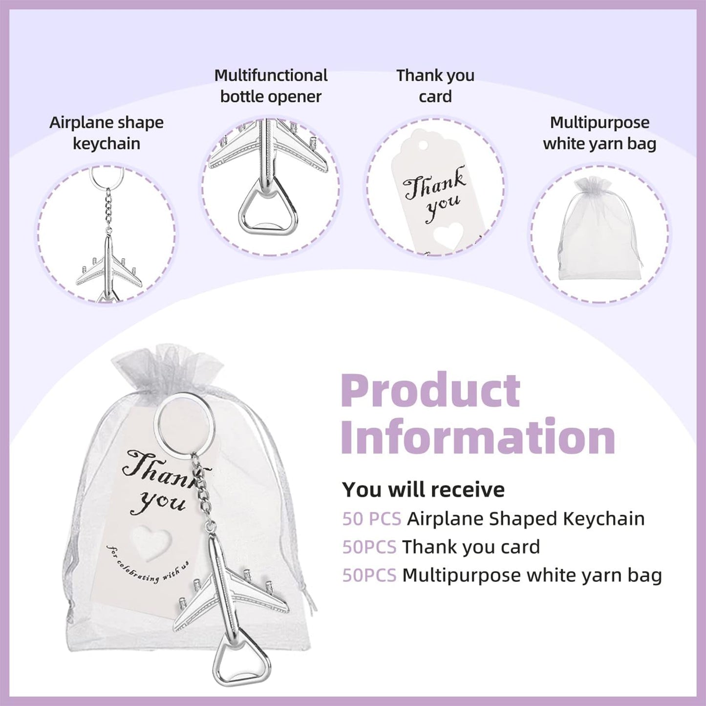 50Pcs Airplane Bottle Openers with Keychain & Keyrings for Wedding Favors, Bridal Shower Gifts for Guests or to make flight attendant gifts for a trip，Include White Sheer Favor Bag Thank You Card