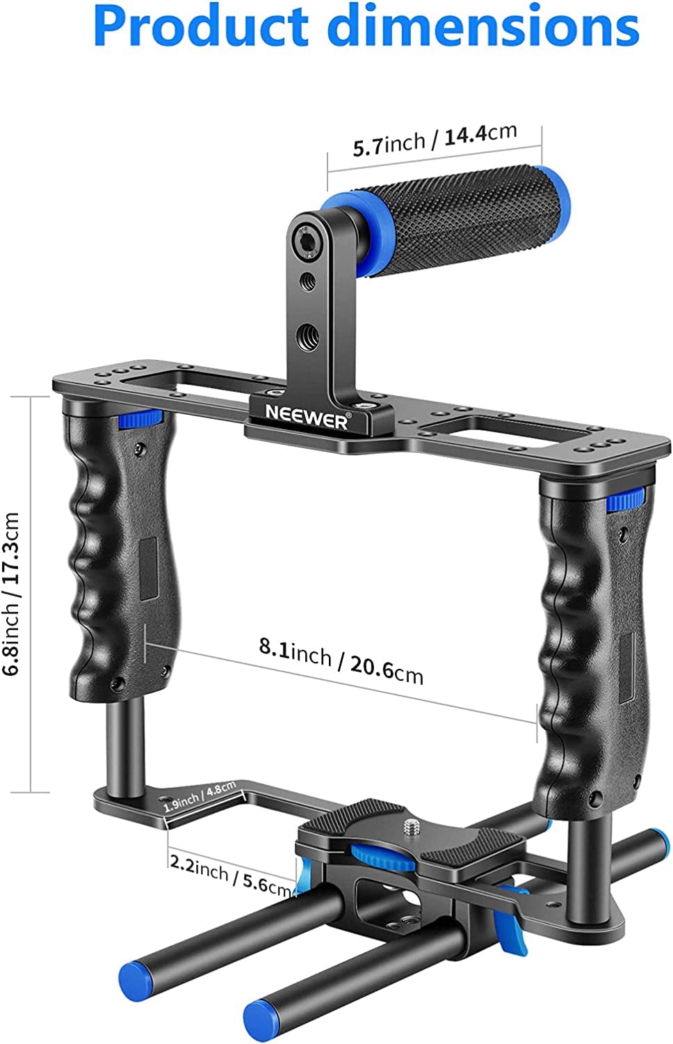NEEWER Camera Video Cage Film Movie Making Kit, Aluminum Alloy with Top Handle, Dual Hand Grip, Two 15mm Rods, Compatible with Canon Sony Fujifilm Nikon DSLR Camera and Camcorder (Black + Blue)