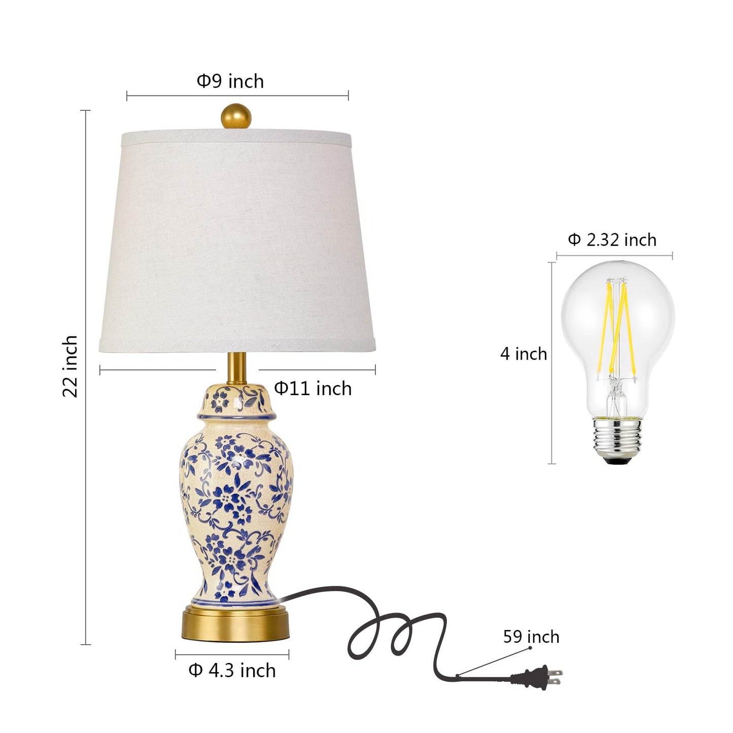 RORIANO Chinoiserie Ceramic Table Lamps Set of 2 for Living Room Bedroom Bedside, Traditional Blue Porcelain Classic Table Lamp for Nightstand Entryway, 2 LED Bulbs Included (Gold)