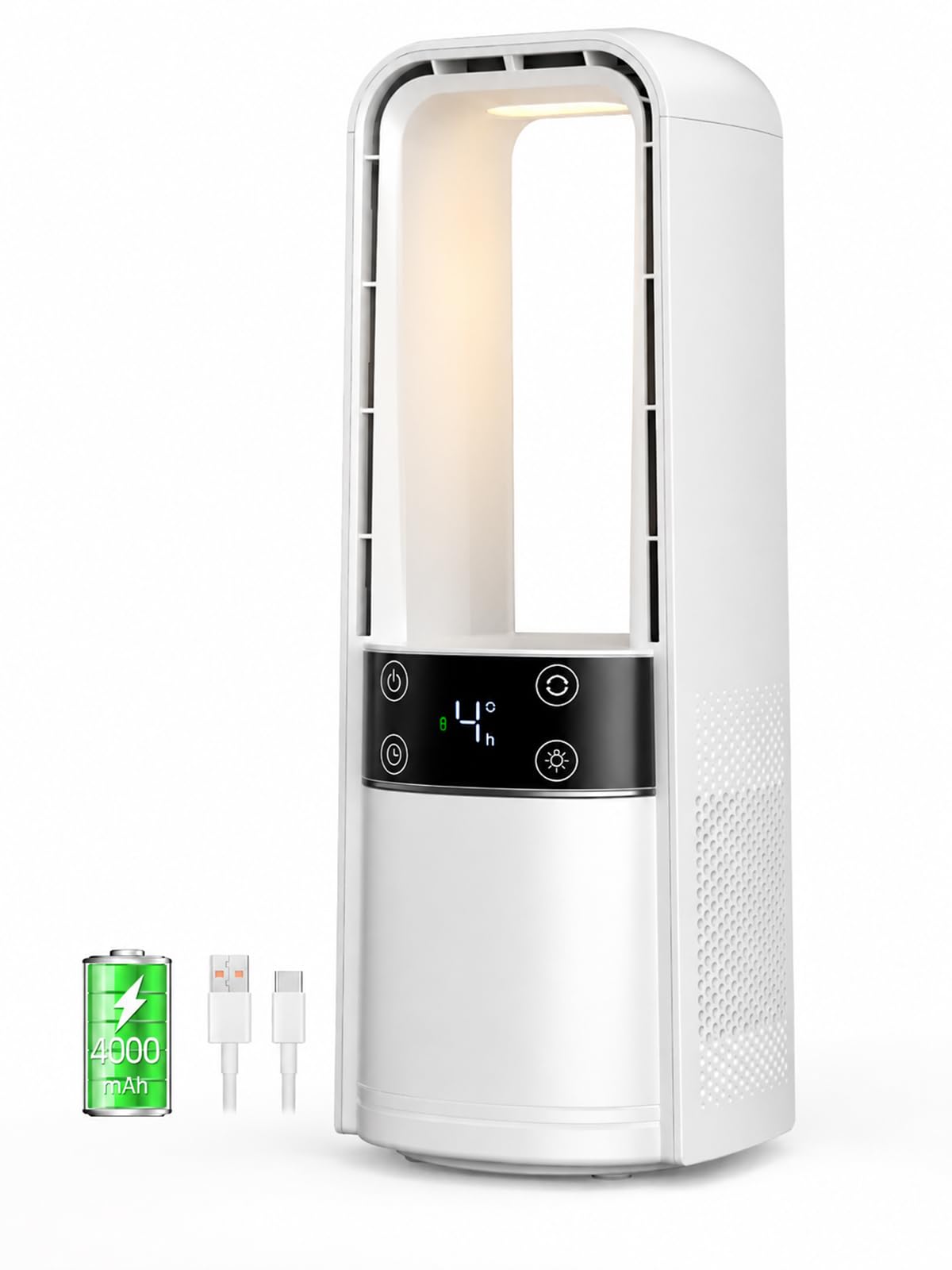 Desk Fan Bladeless, 120° Oscillating Fan Rechargeable, Quiet Fan with Night Light, Smart LED Touch Control, 4 Speed & 9H Timer, Small Table Fan, Auto Display Off, Ideal for Home, Office, Study Room