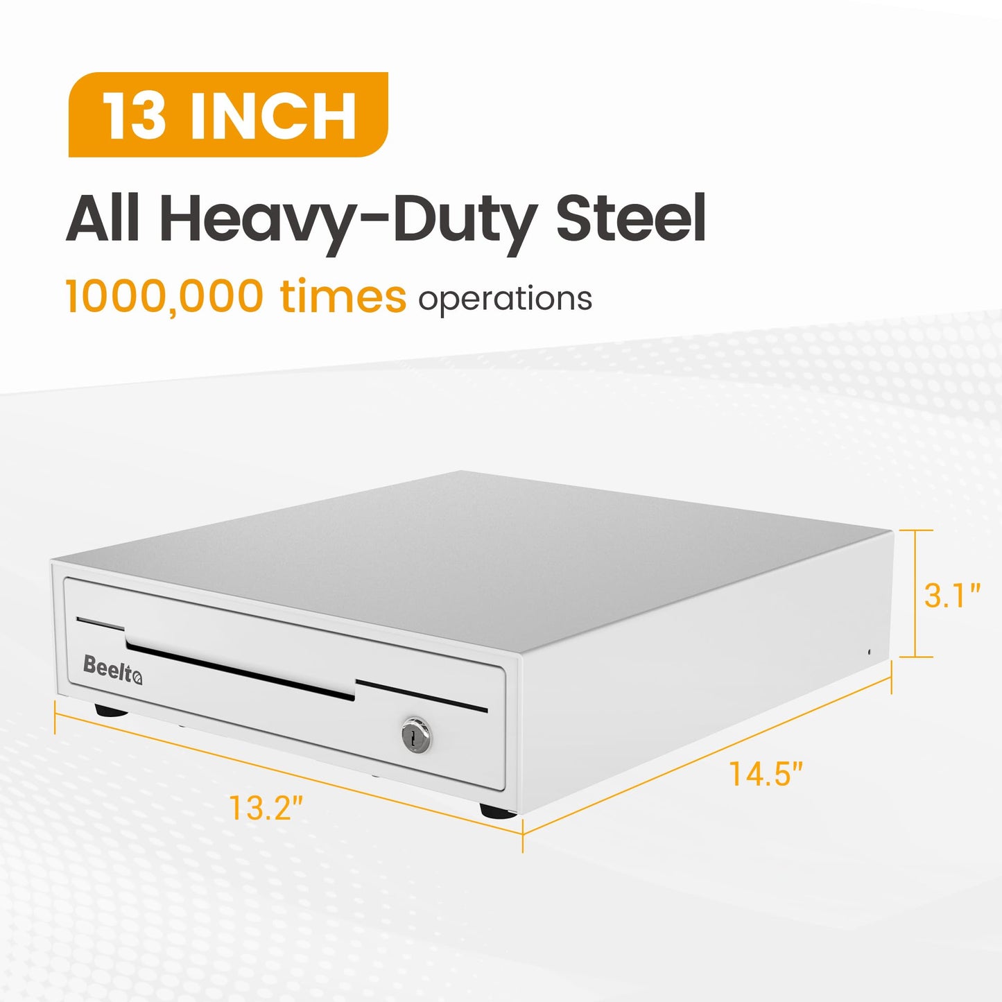 Beelta 13" Cash Rigister Drawer for Small Business, 4 Bill/5 Coin with Check Slot, Steel Construction, Works with POS (Includes Keys & RJ11/12Cable) - White BK1313S