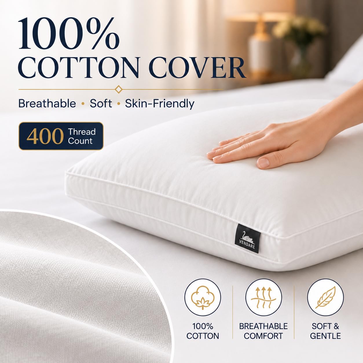 Vendare Set of 2 Standard Size Down Pillows - Goose Feather & Down Blend Pillows 440 Fill Power, 100% Cotton Cover, Hypoallergenic, Medium Support