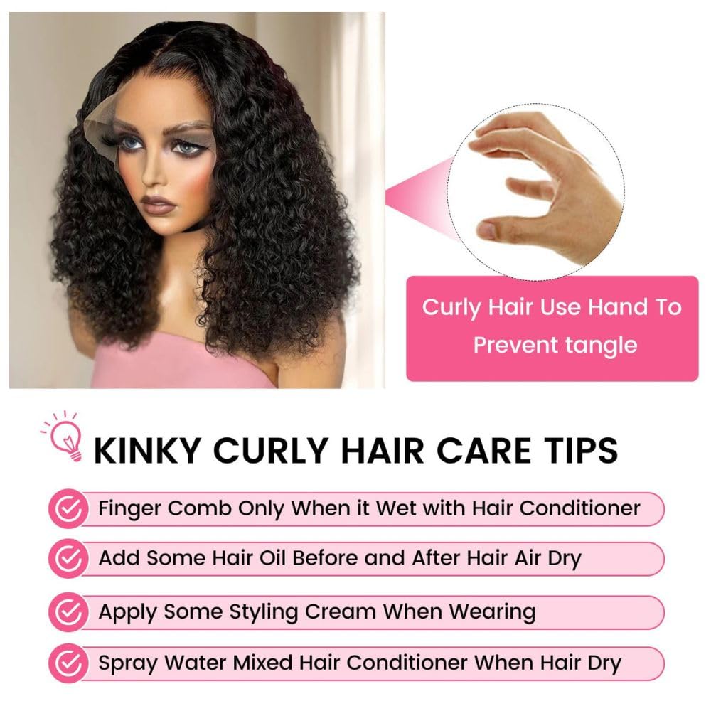 Curly Lace Front Wigs Human Hair 13x6 Kinky Curly HD Transparent Lace Frontal Wig for Women Short Curly Human Hair Wigs Pre Plucked With Baby Hair 220% Density Glueless Hair Curly Wigs (16 Inch)