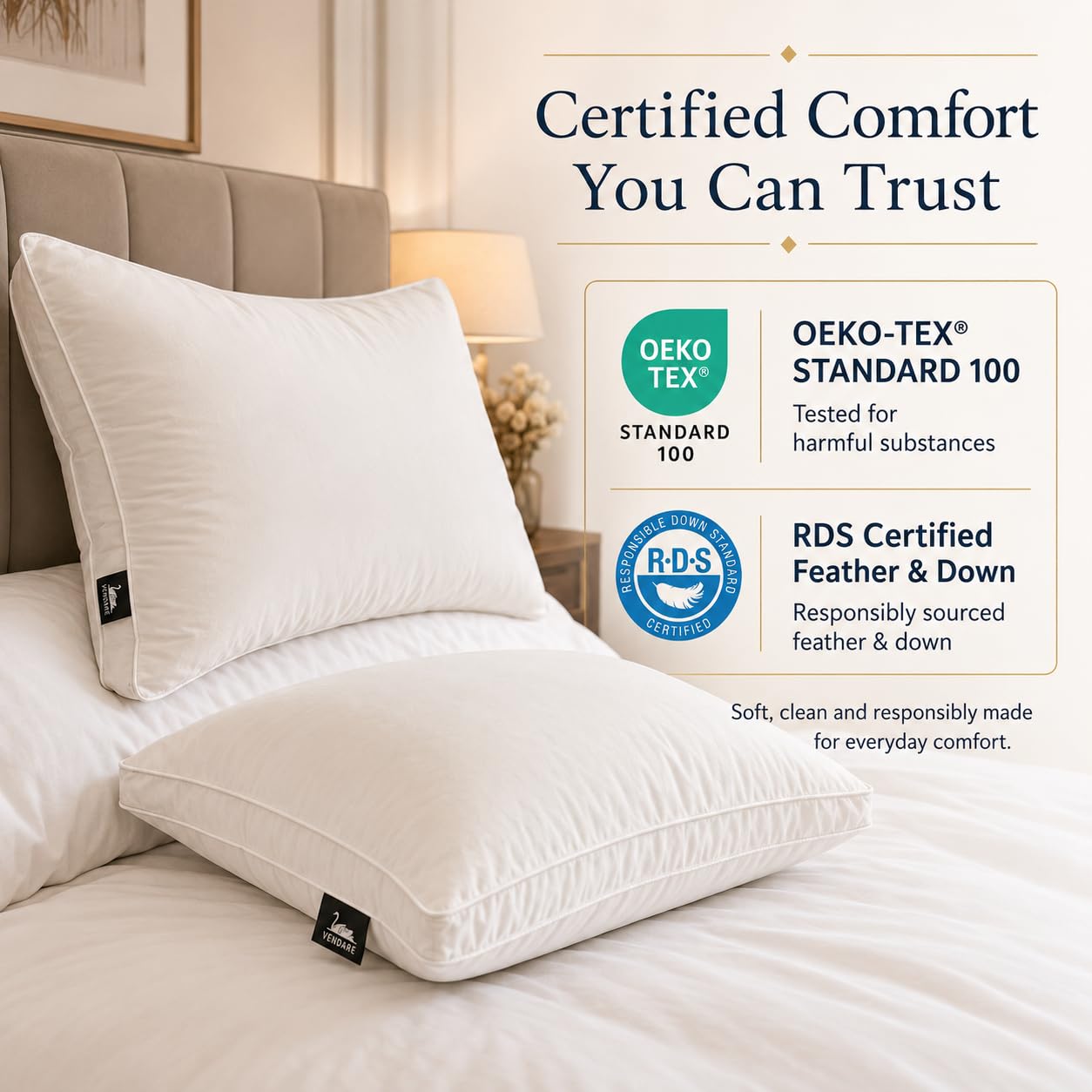 Vendare Queen Size Goose Down Pillows Set of 2 - Hypoallergenic Bed Pillows 500 Fill Power with 100% Cotton Cover, Medium Firm Support