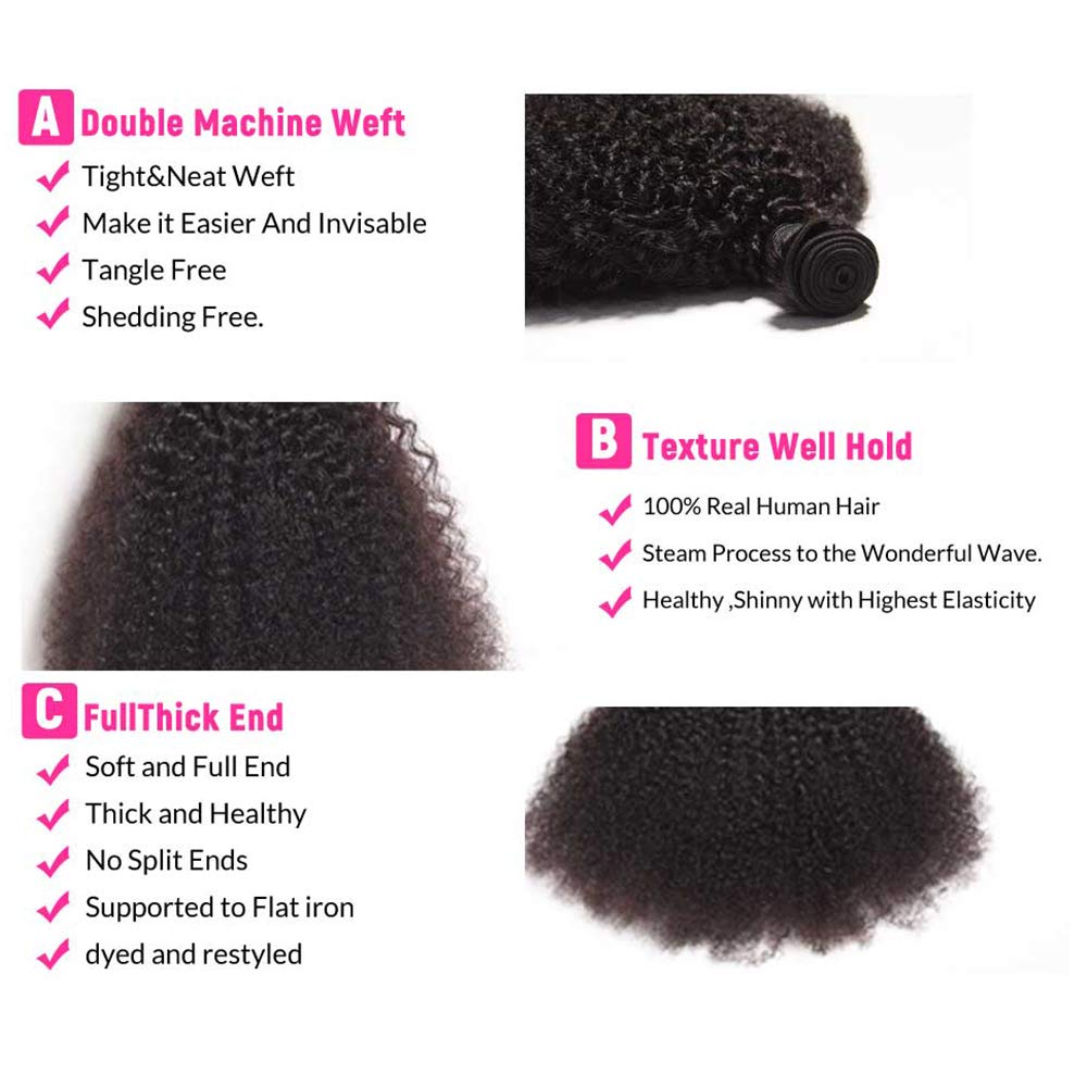 Mongolian Afro Kinky Curly Bundles Human Hair 16 18 20 Inch 4B 4C Afro Kinky Bulk Human Hair Bundles Unprocessed Virgin Hair Curly Weave Hair Bundles for Women Natural Black