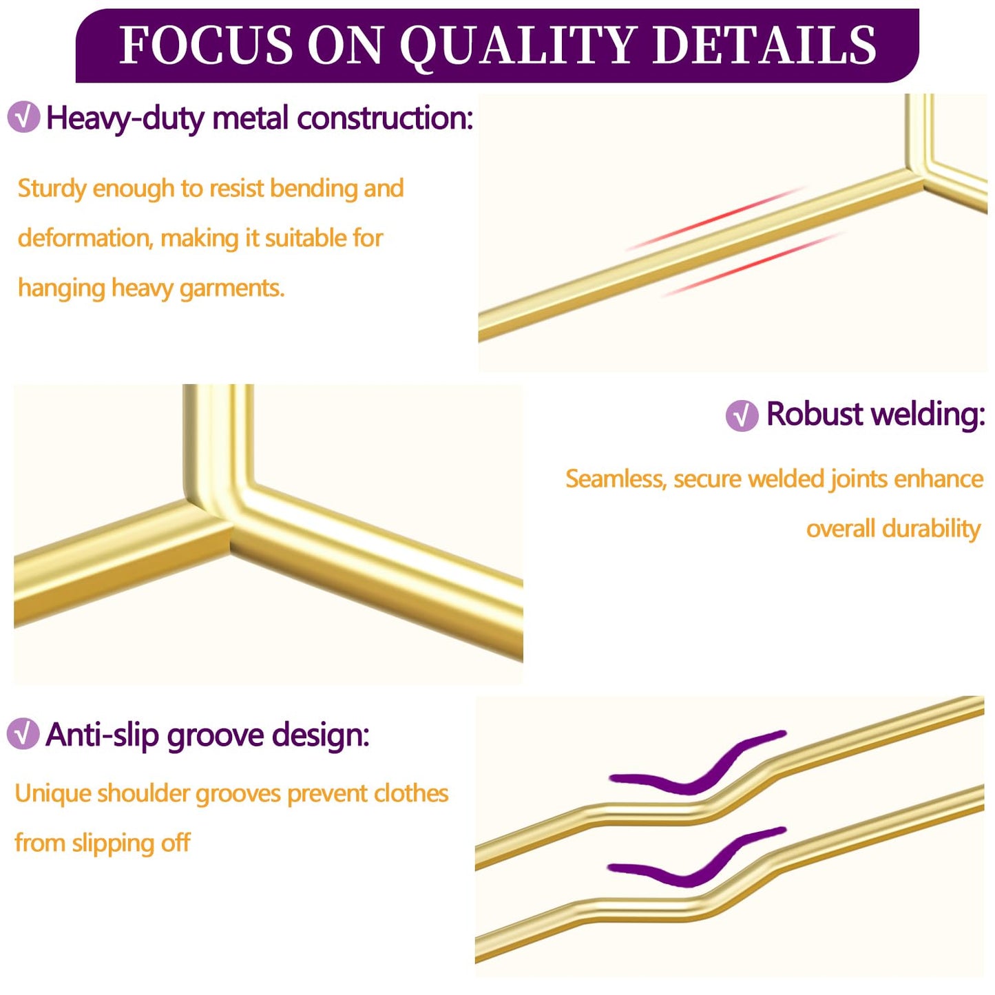40Pack Gold Hangers + 5 Clothes Pins, Premium Glossy Gold Strong Metal Hangers, Upgraded Thickened Reinforced 50lbs Weight Capacity, Suitable for Heavy Coats, Jackets, Shirts, Dresses