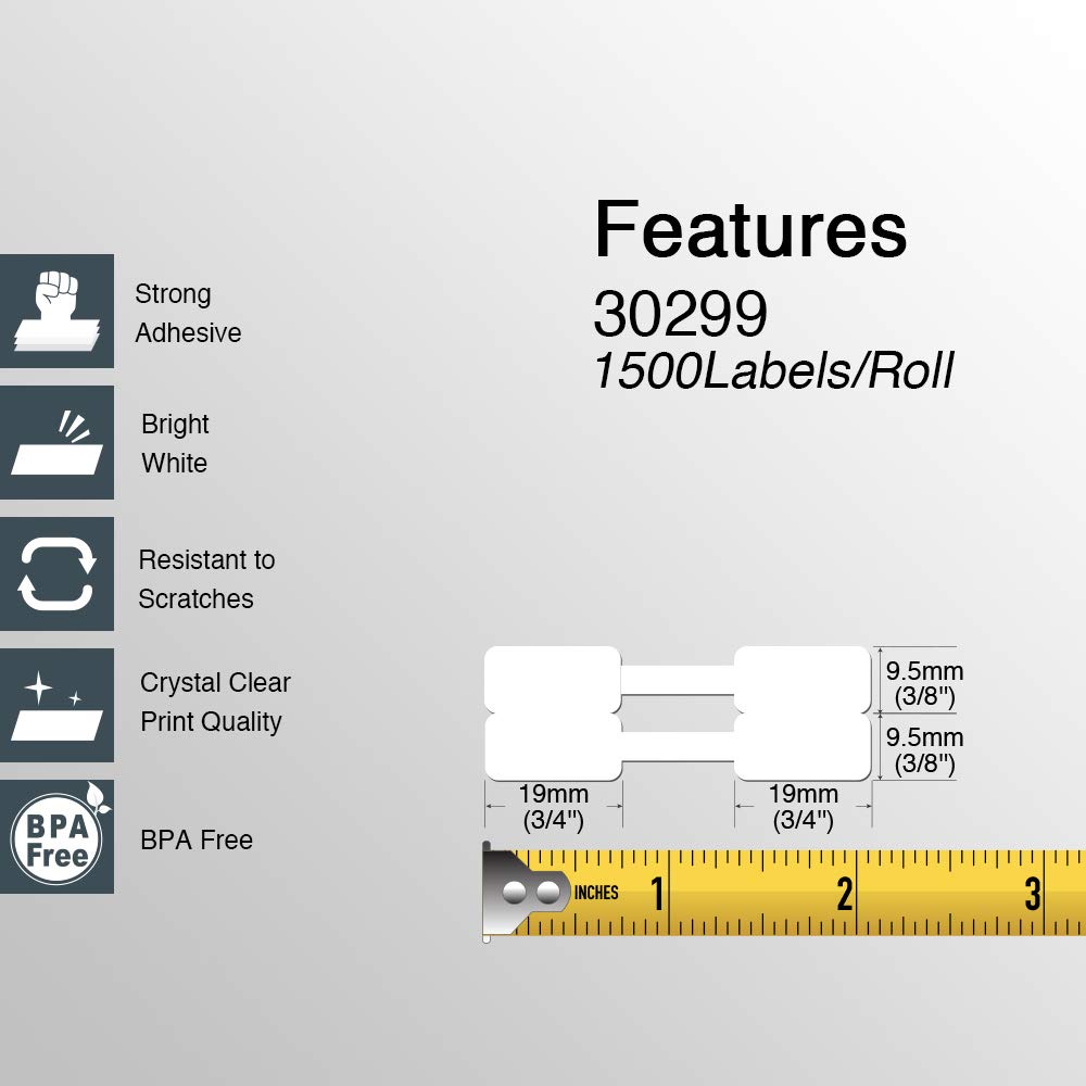 BETCKEY - Barbell Style Jewelry/Price Tag Labels Replace for DYMO 30299 (3/8" x 3/4") - Compatible with DYMO Labelwriter 450, 4XL & Zebra Desktop Printers [10 Rolls/15000 Labels]