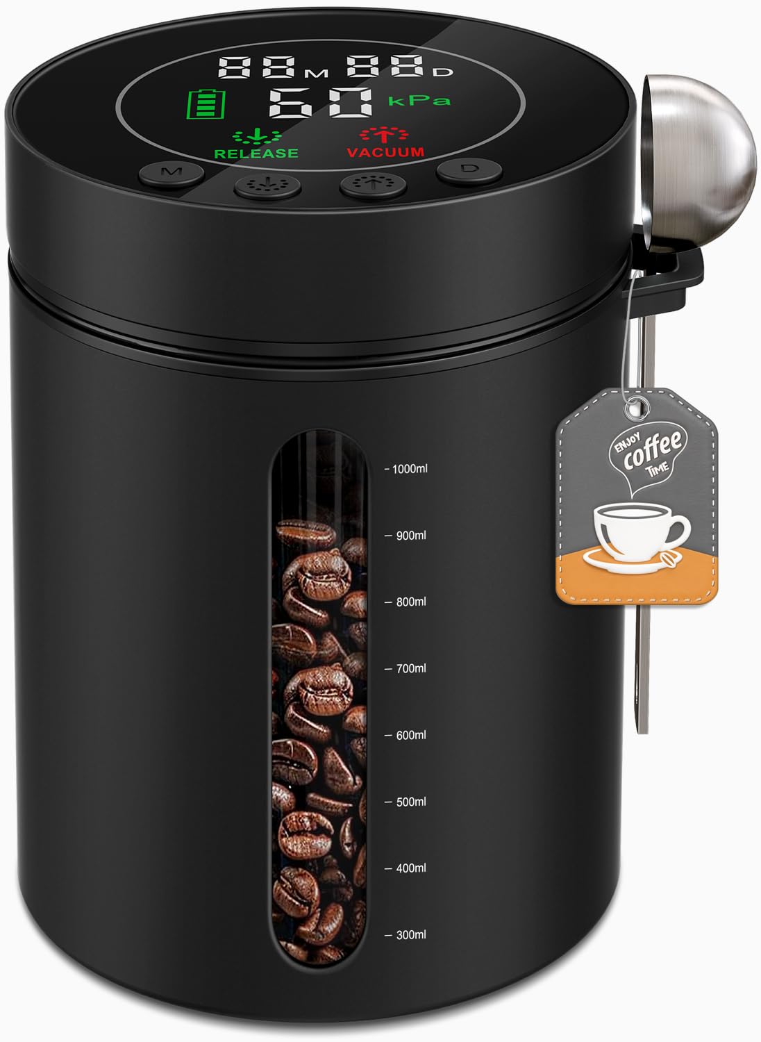 Automatic Vacuum Coffee Canister, 1.3L Coffee Container with Smart Pressure Sensor,LED Display,Window,Scoop Rechargeable Airtight Electric Coffee Bean Storage for Home Kitchen Ground Food Tea Storage