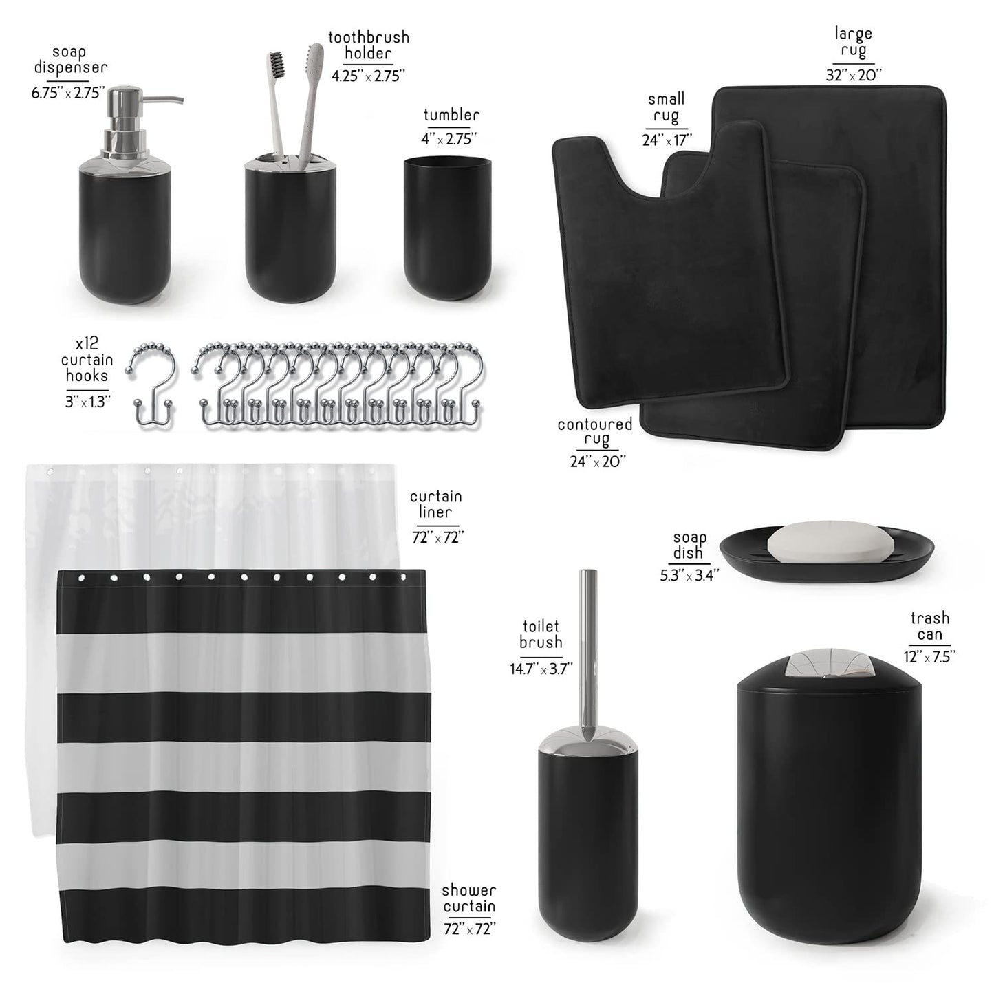 Clara Clark Bathroom Set - Black Bathroom Accessories Set, Bathroom Sets with Shower Curtain and Rugs, 23PC Shower Curtain Set with Liner, Soap Dispenser, Toilet Brush, & Trash Can