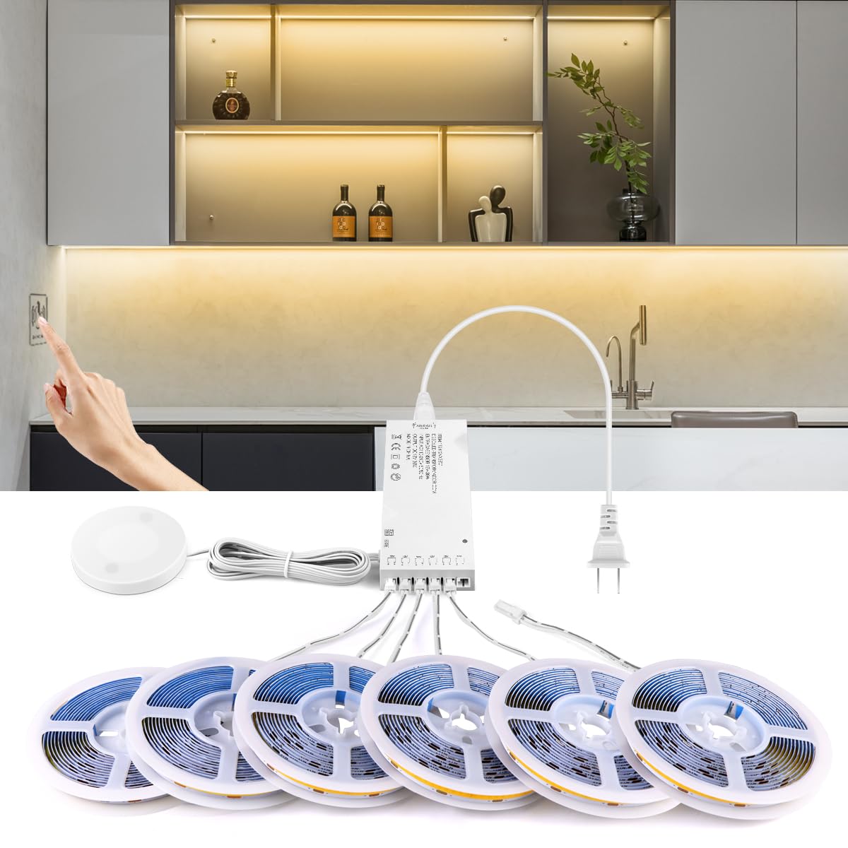 AIMENGTE 12V COB LED Cabinet Lights Strip, 6 x 3.3ft Touch Dimmable 3000K Warm White Lighting for Parallel Wood Slat Wall Panels, Display Cabinets, Wardrobes, Showcases, Shelves