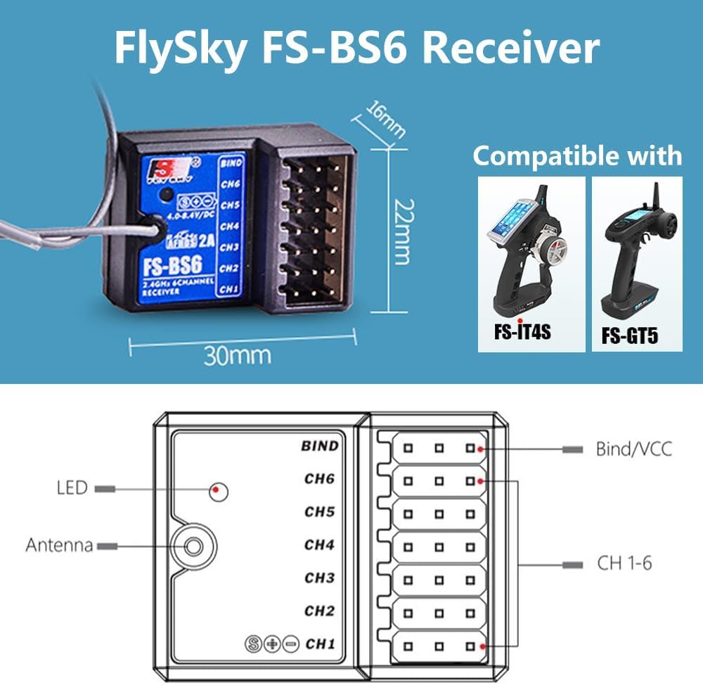 GoolRC Flysky FS-BS6 Receiver 2.4Ghz 6CH AFHDS2 Receiver Compatible with Flysky FS-GT5 FS-IT4S RC Transmitter for RC Car Boat (2PCS)