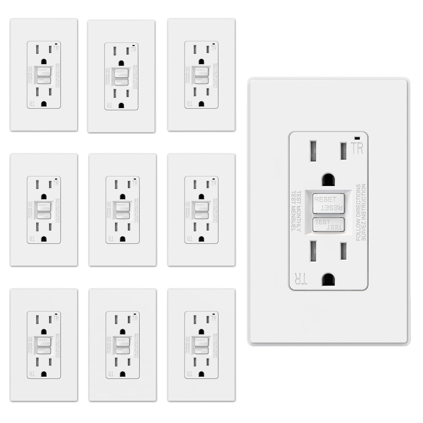 ELEGRP GFCI Outlet 15 Amp, Self-Test GFI Electrical Outlet with Thinner Design, TR Tamper Resistant GFCI Receptacle, Ground Fault Circuit Interrupters with Wall Plate, UL Listed, Matte White, 10 Pack