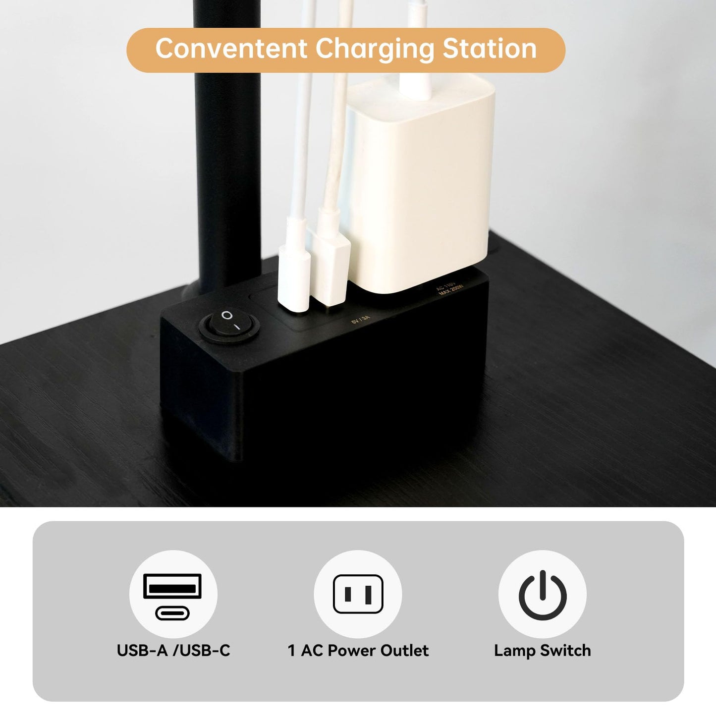 Qupui Floor Lamp with Table, Narrow Side Table with USB-A/USB-C Charging Station and AC Port, 3 Color Temperatures 12W LED Bulb, End Table for Bedroom, Living Room and Home Office, Black