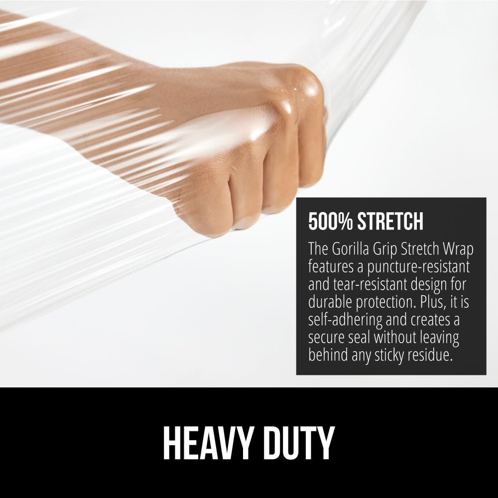GORILLA GRIP 500% Stretch Film Heavy Duty Plastic, 1000ft Shrink Wrap Roll 24" Puncture Resistant, Industrial Strength for Shipping, Pallet Storing, Moving, Packing Furniture Protection 1 Pack Clear