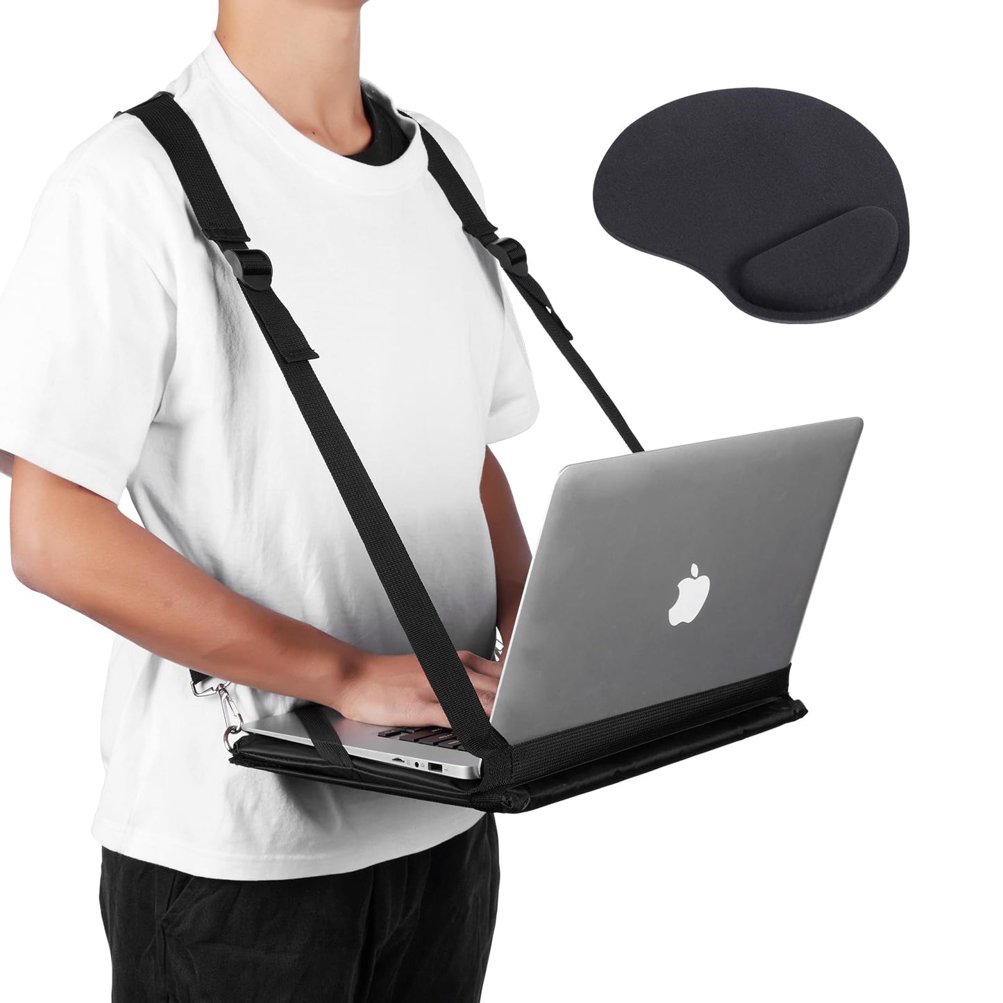 ALPHABET WONDERS Laptop Harness - Wearable Laptop Stand for Up to 17" Laptops, Tablets & E-Readers - Adjustable Straps, Includes Memory Foam Mouse Pad (14 Inch)